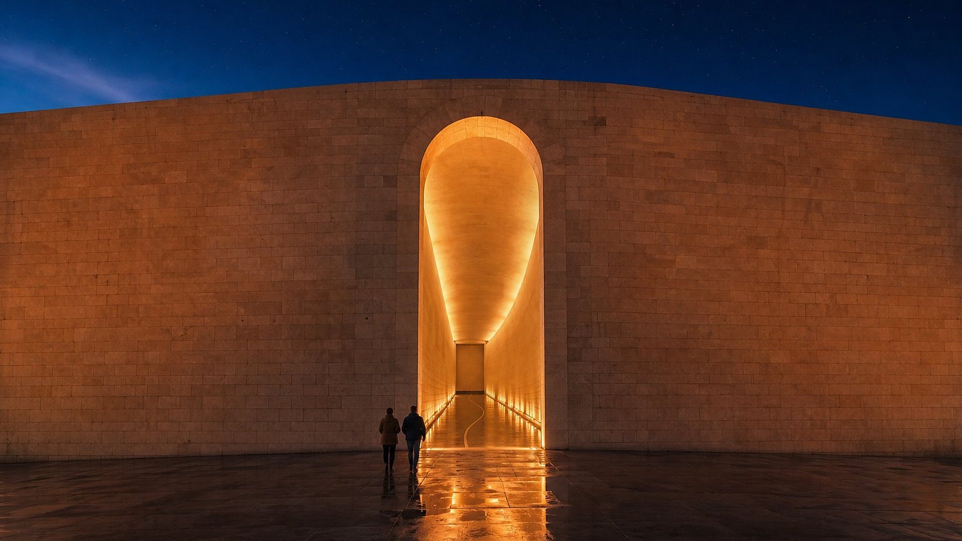 À l’heure bleue, la façade aveugle d’un grand bâtiment de pierre claire est percée d’une unique porte en arc, très haute, d’où s’échappe une lumière dorée ; au fond d’une longue galerie, une fine ligne d’or court sur le sol. Deux visiteurs s’avancent sur le parvis mouillé qui reflète la lumière, sous un ciel indigo où paraissent les premières étoiles.