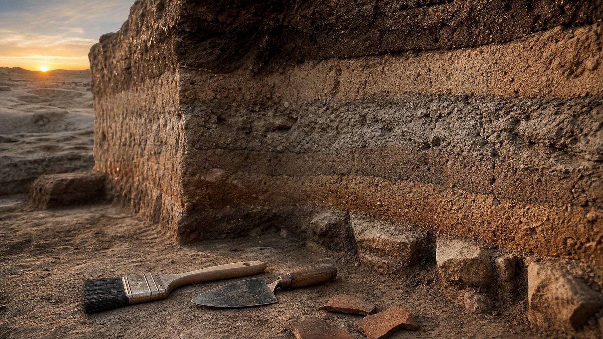 Dans la lumière rasante du lever du soleil, la paroi verticale d’une tranchée de fouille révèle des couches de terre superposées, ocre, grises et brunes ; au premier plan, sur le sol, une brosse et une petite truelle posées côte à côte, près de quelques tessons de poterie.