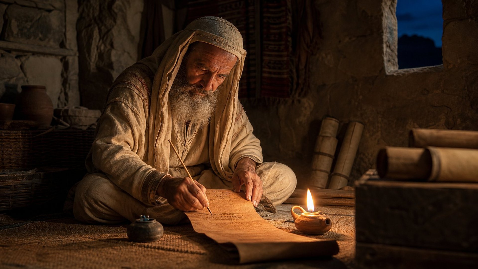 Un scribe âgé, assis sur une natte, écrit au calame sur un rouleau de cuir à la lumière d’une lampe à huile.
