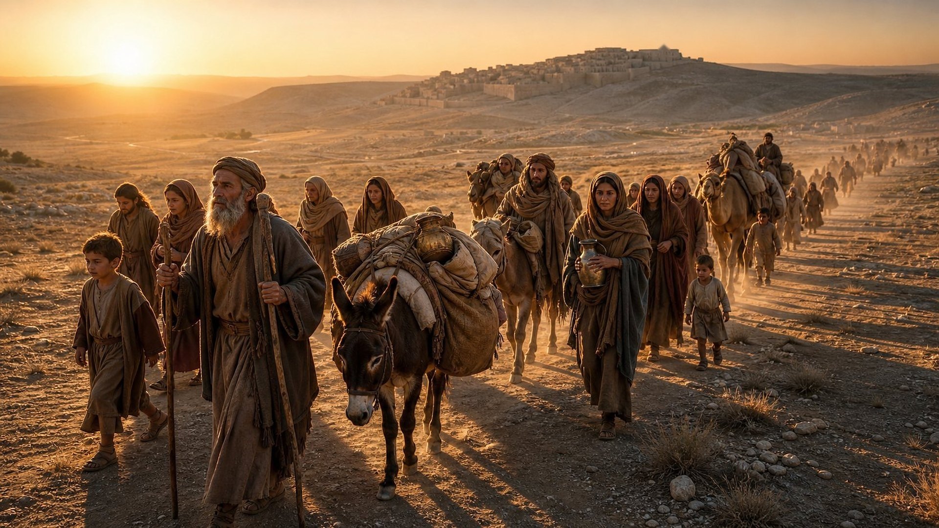 Une longue caravane de familles avec des ânes et des chameaux chargés traverse une plaine désertique dorée, au lever du soleil, vers des collines lointaines.