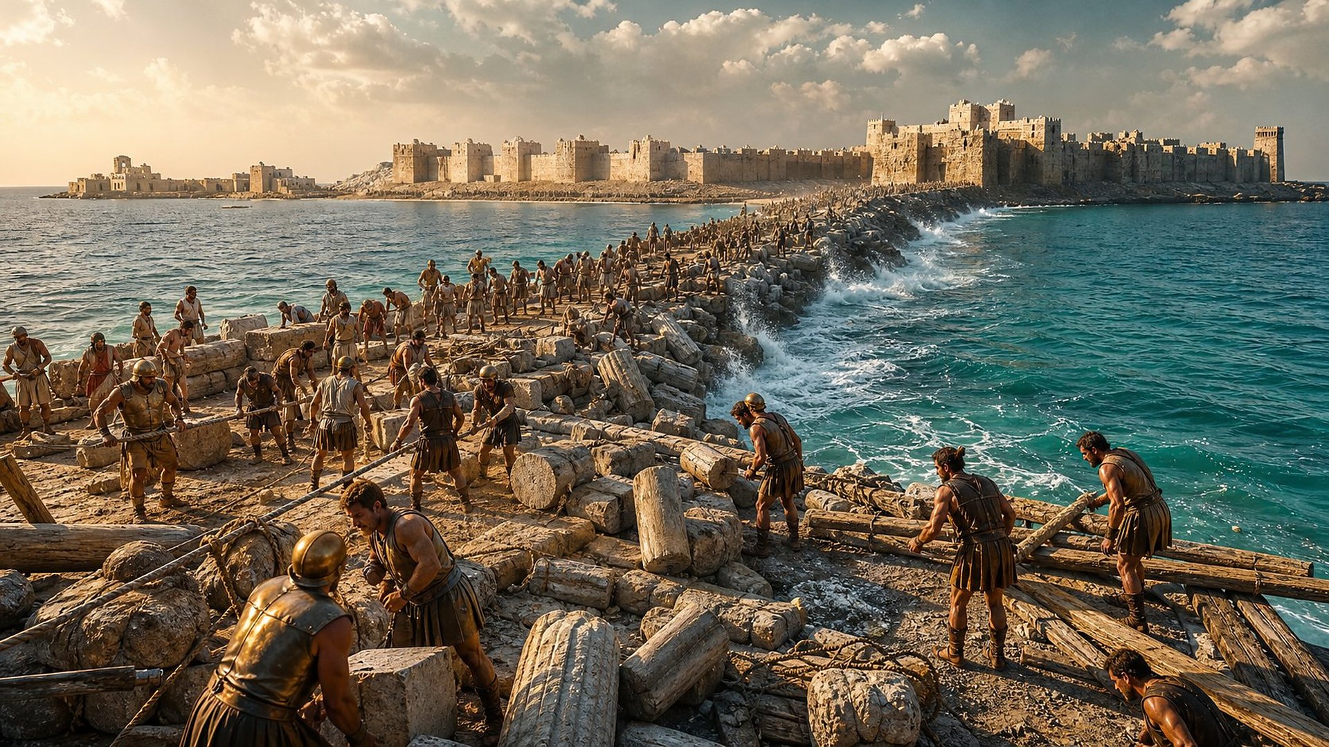 Des centaines de soldats macédoniens jettent dans la mer turquoise des blocs de pierre, des fûts de colonnes et des poutres ; la chaussée inachevée s’avance vers une cité insulaire fortifiée.