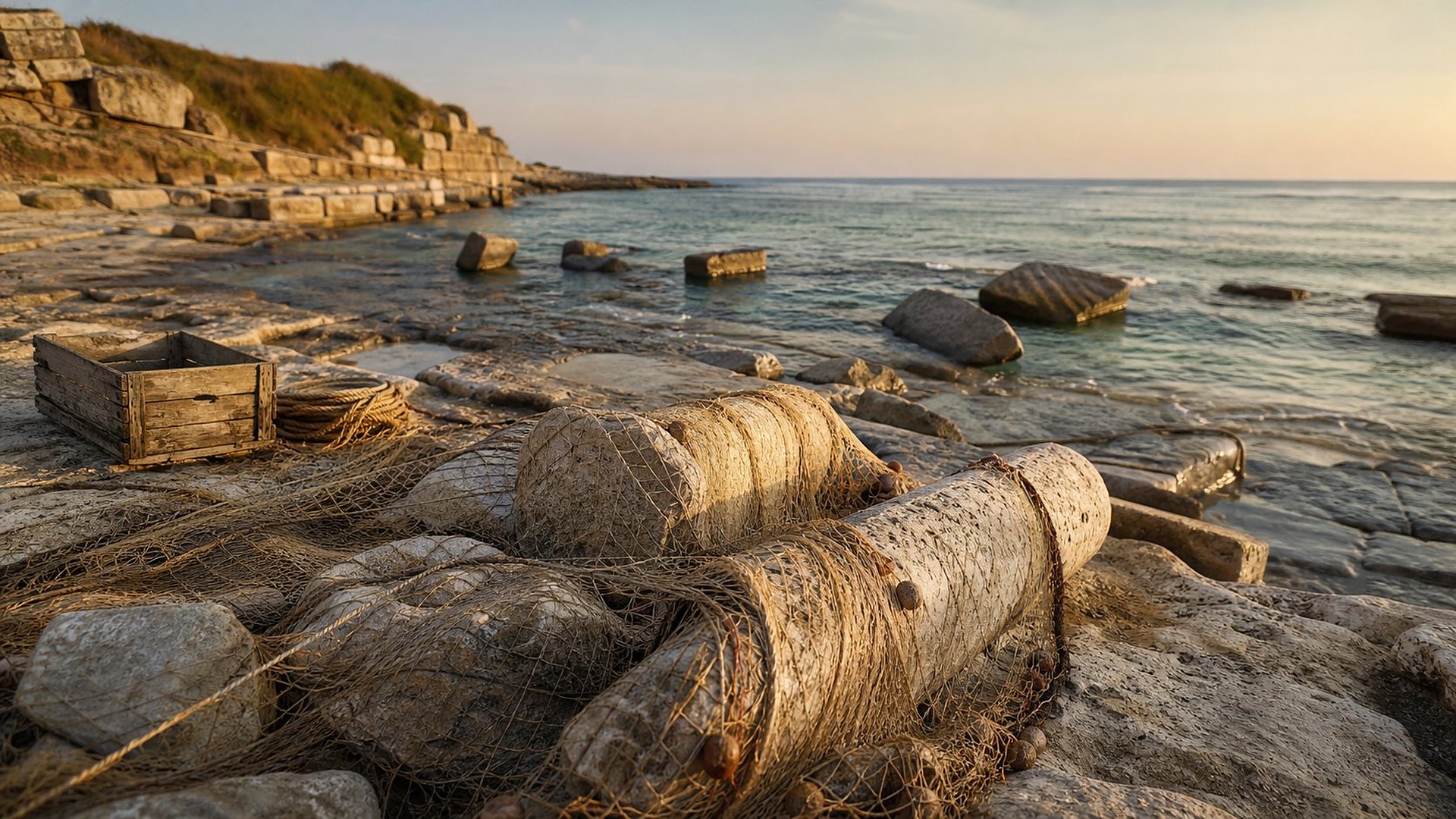 Des filets de pêche sèchent sur des colonnes antiques renversées et des rochers plats au bord de la mer, dans la lumière dorée du matin.