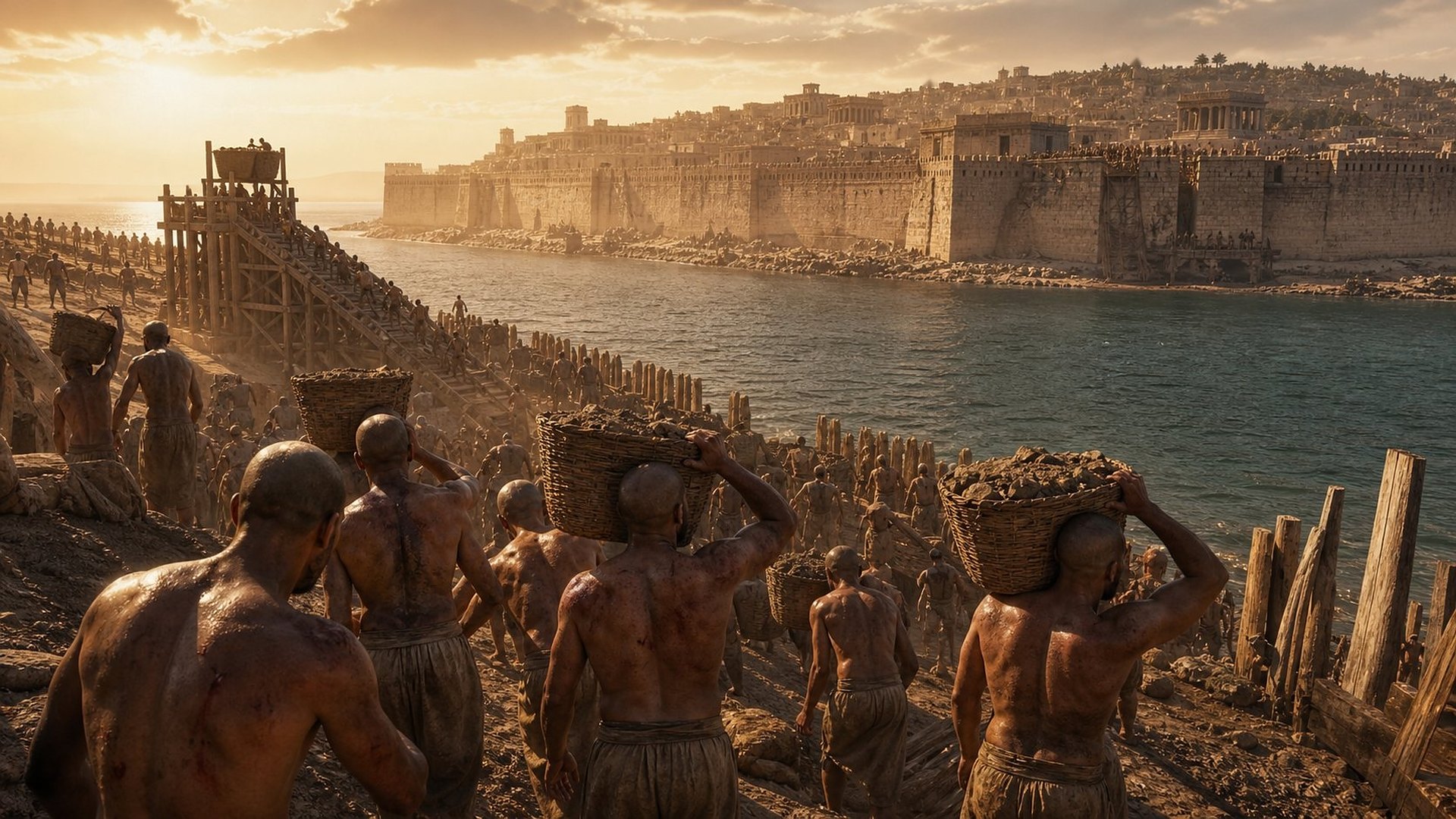 Des soldats babyloniens au crâne rasé, les épaules écorchées, portent des paniers de terre sur le rivage ; de l’autre côté d’un bras de mer, la cité insulaire de Tyr et ses murailles au soleil couchant.