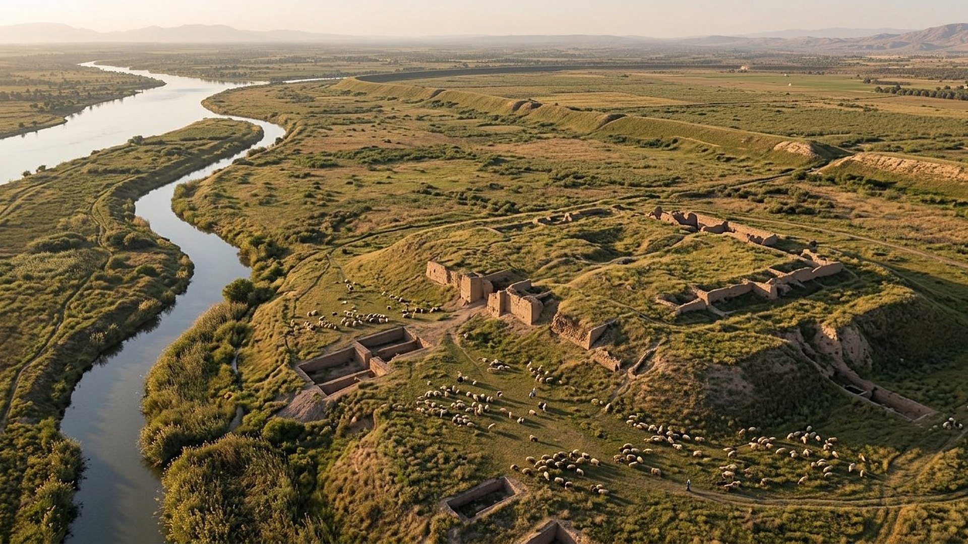 Aujourd’hui : la colline herbeuse de Kuyunjik, creusée de quelques tranchées de fouille où affleurent des murs de brique crue ; des moutons paissent ; le rempart n’est plus qu’une longue levée de terre.