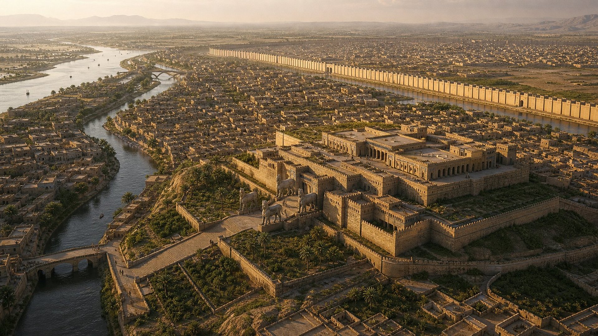 Vers 650 av. n. è. : le palais royal sur sa colline, ses portes gardées par des taureaux ailés, une ville dense de maisons à toits plats et un immense rempart crénelé, entre une rivière et le Tigre.