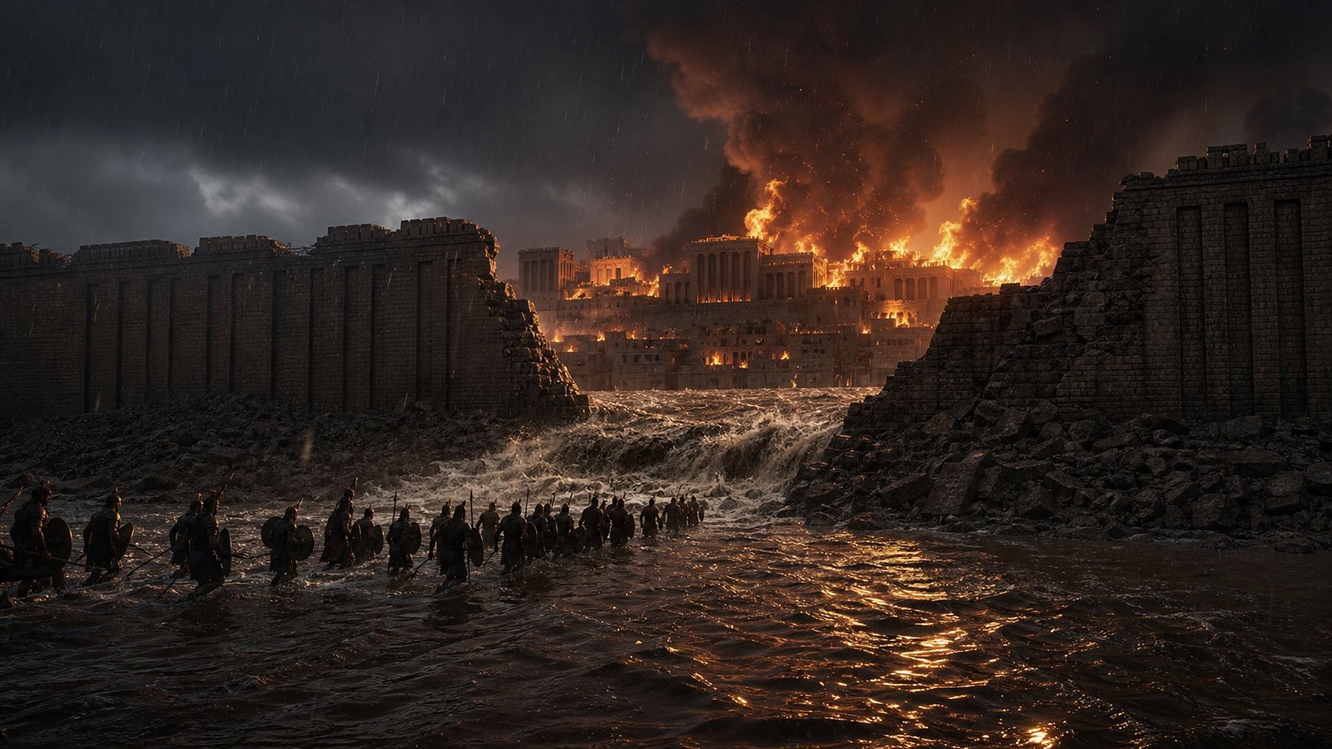 De nuit, sous la pluie, un pan colossal du rempart de Ninive s’est effondré dans les eaux en crue ; derrière la brèche, les palais brûlent, et une file de soldats aux boucliers ronds avance dans l’eau.
