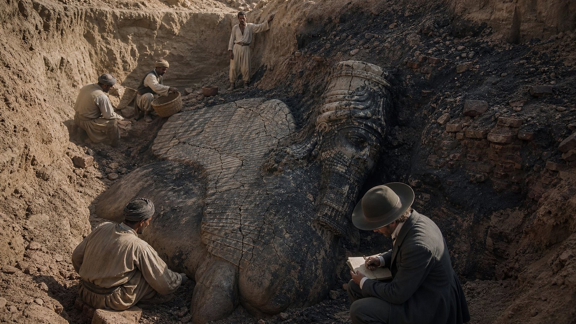 Dans une profonde tranchée, des ouvriers en vêtements du XIXe siècle dégagent un colossal taureau ailé noirci par le feu, tandis qu’un explorateur en redingote prend des notes.