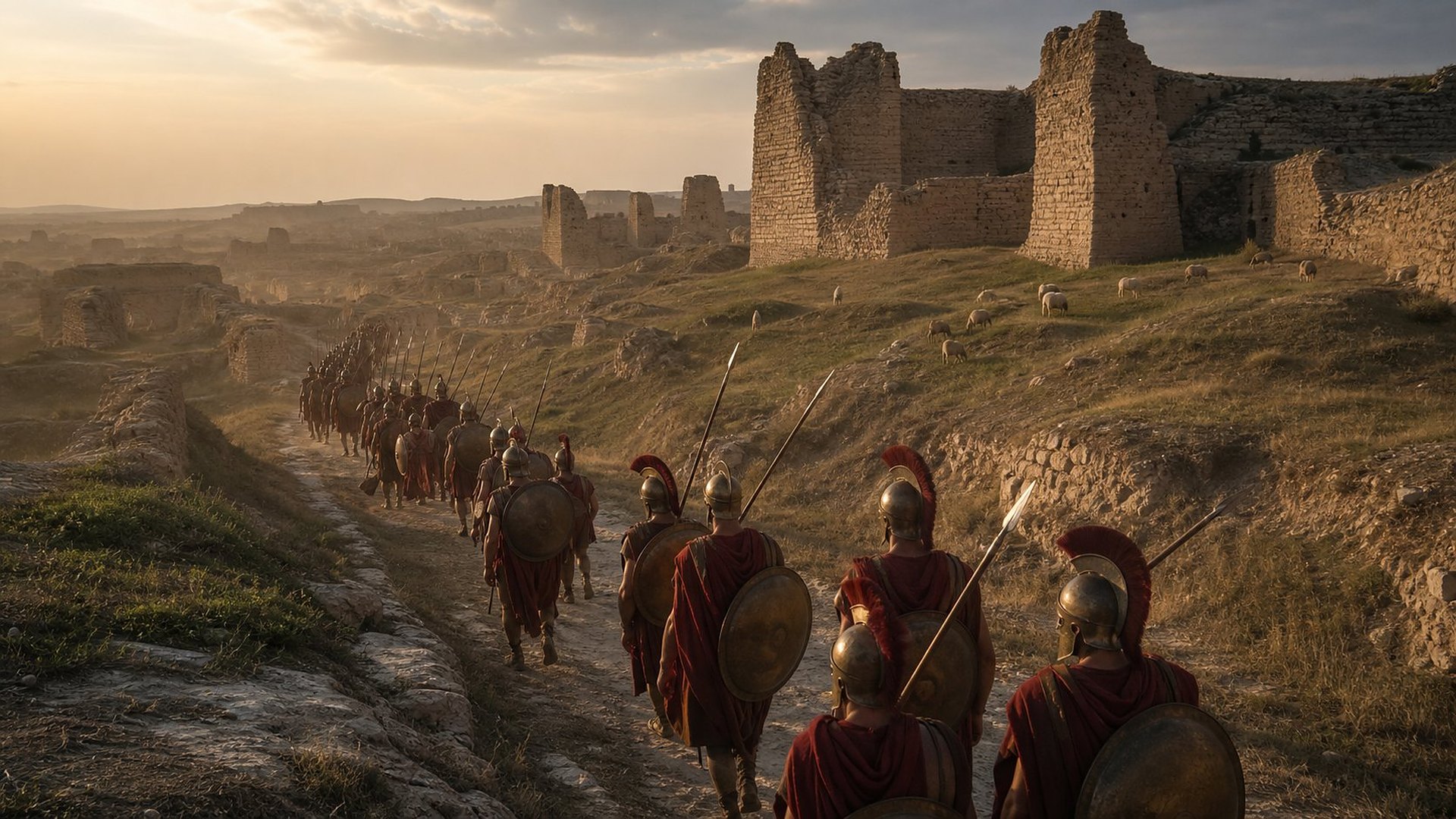 Une colonne de soldats grecs aux casques de bronze et aux manteaux rouges longe, au soleil couchant, d’immenses buttes herbeuses et des pans de murailles ruinées ; quelques moutons paissent sur les pentes.
