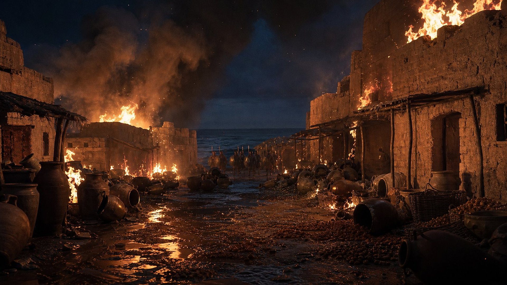 De nuit, une rue marchande de brique crue brûle ; des auvents s’effondrent, des rangées de grandes jarres gisent brisées sur le sol ; au fond, devant la mer, une file de soldats aux boucliers ronds.