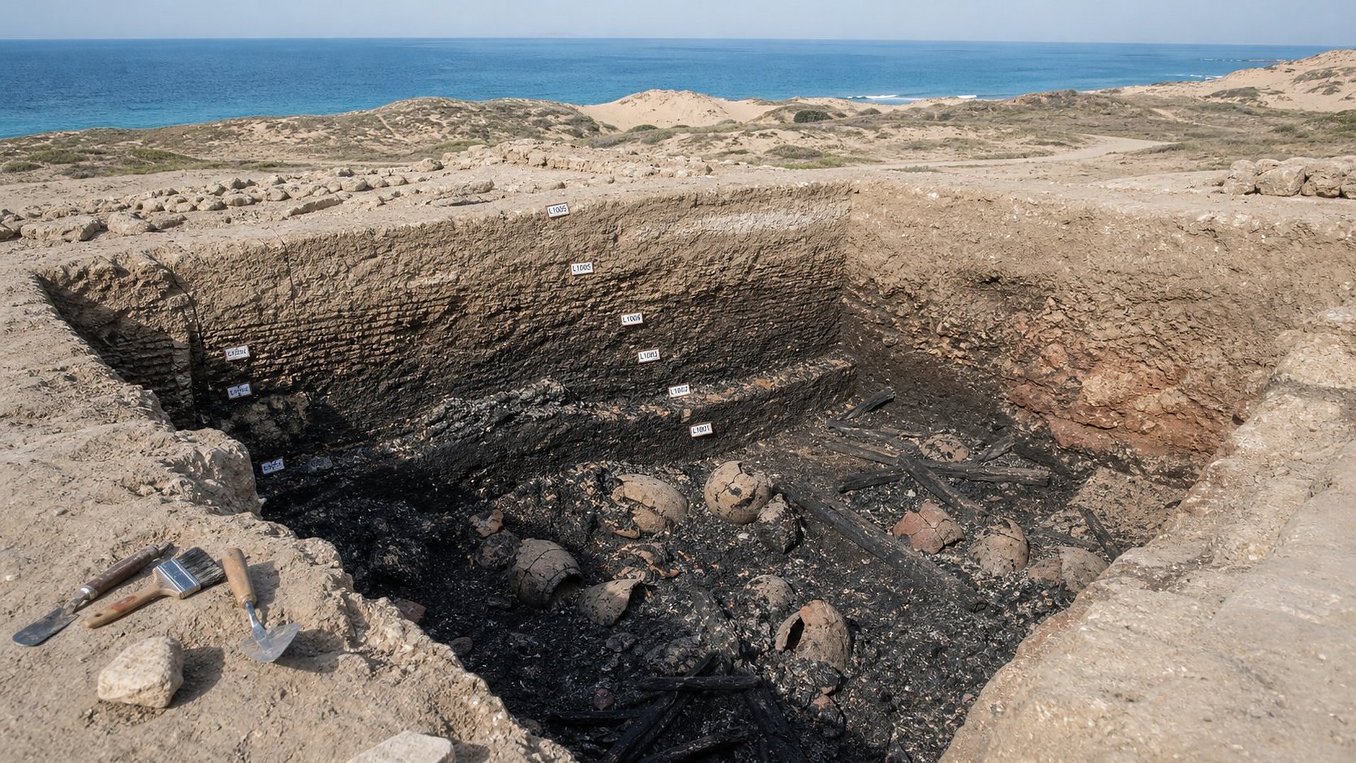 Une profonde tranchée de fouille près de la mer : au fond, une épaisse couche noire de cendres où gisent des jarres écrasées et des poutres carbonisées ; des étiquettes blanches marquent les couches de terre.