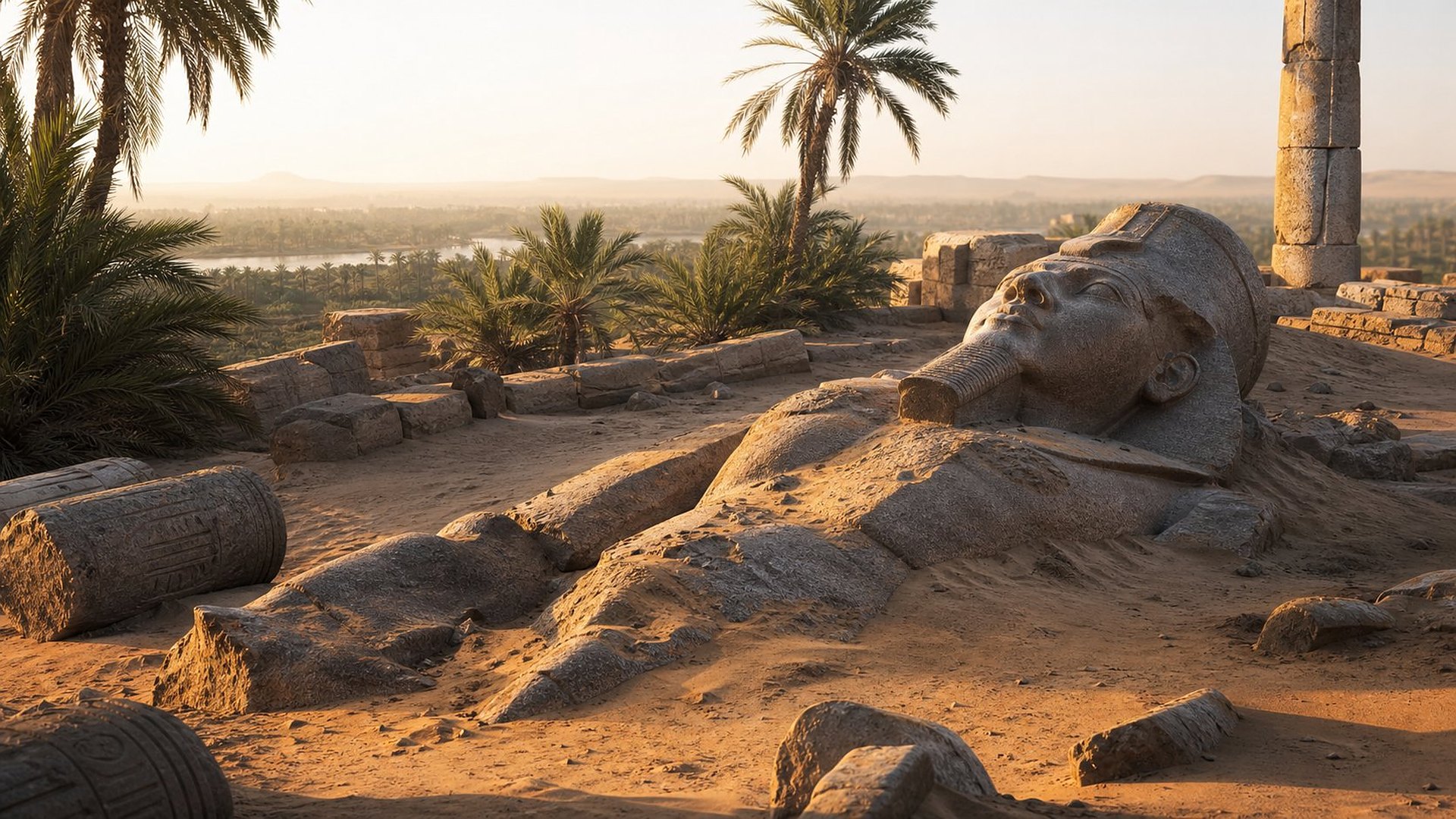 Au soleil couchant, la statue colossale d’un pharaon gît sur le dos, à demi enfouie dans le sable, parmi des palmiers et des tronçons de colonnes ; au loin, le Nil et la vallée verdoyante.