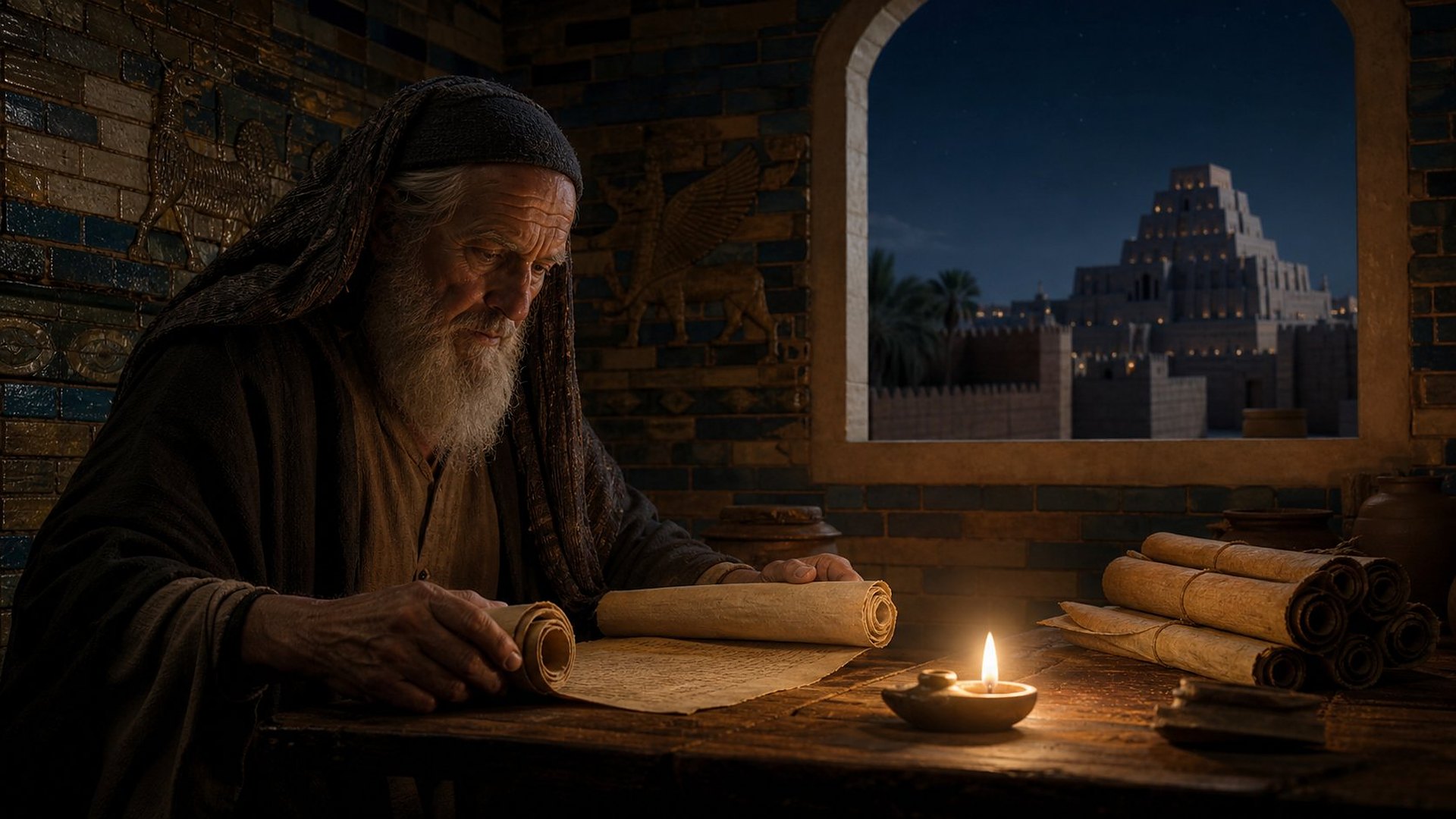 De nuit, un vieil homme à barbe blanche lit un rouleau à la lueur d’une petite lampe à huile ; les murs de brique émaillée portent des taureaux ailés ; par une fenêtre cintrée, on aperçoit une tour à étages illuminée.