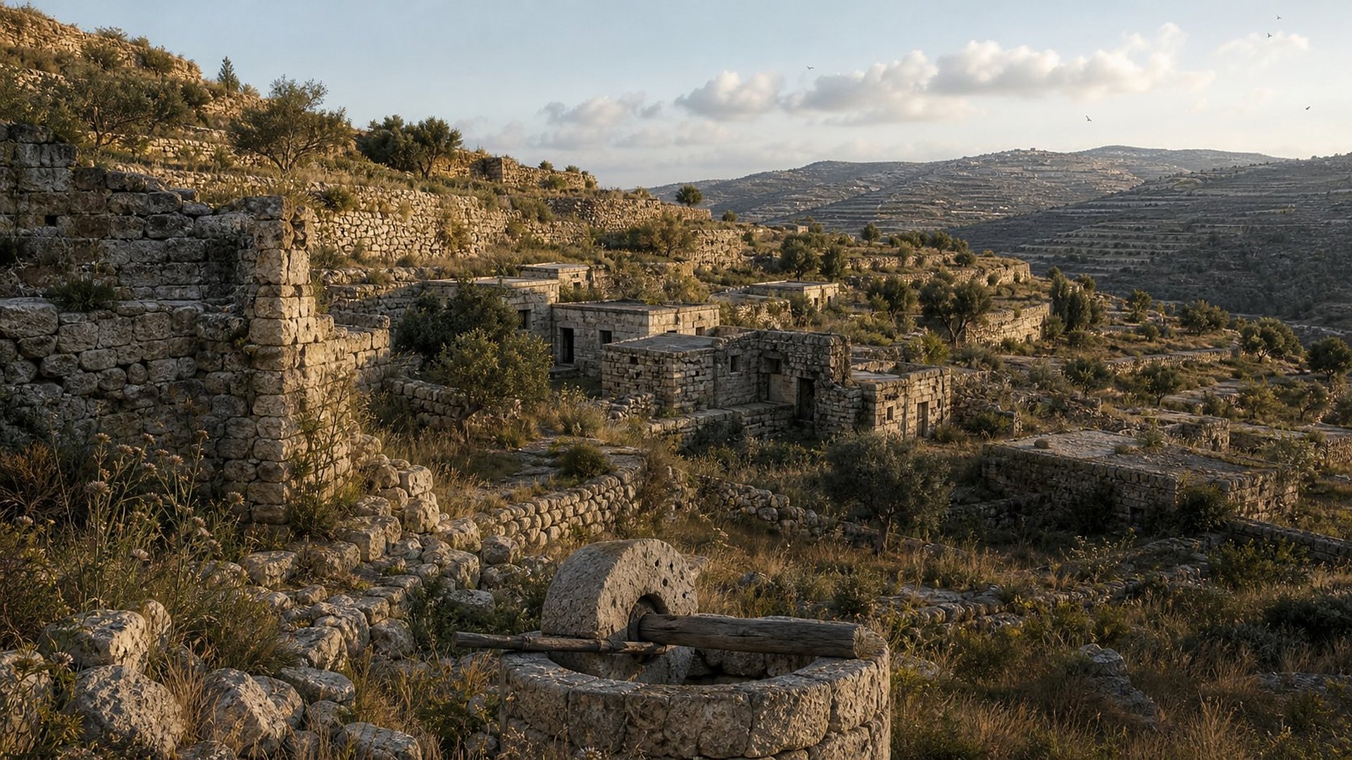 Des terrasses agricoles en pierre sèche abandonnées, envahies d’herbes folles et de chardons, autour d’un village de maisons de pierre vides ; au premier plan, un pressoir circulaire à meule ; des collines en terrasses jusqu’à l’horizon.