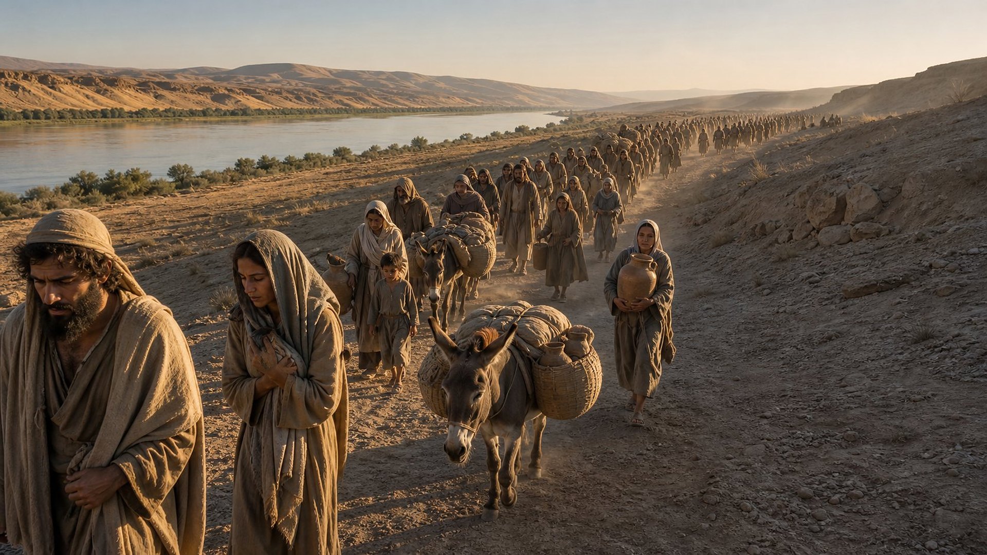 À l’aube, une longue colonne d’hommes, de femmes et d’enfants en vêtements de laine marche sur une piste poussiéreuse le long d’un large fleuve ; ils portent des jarres et des ballots, et des ânes chargés de paniers les accompagnent.