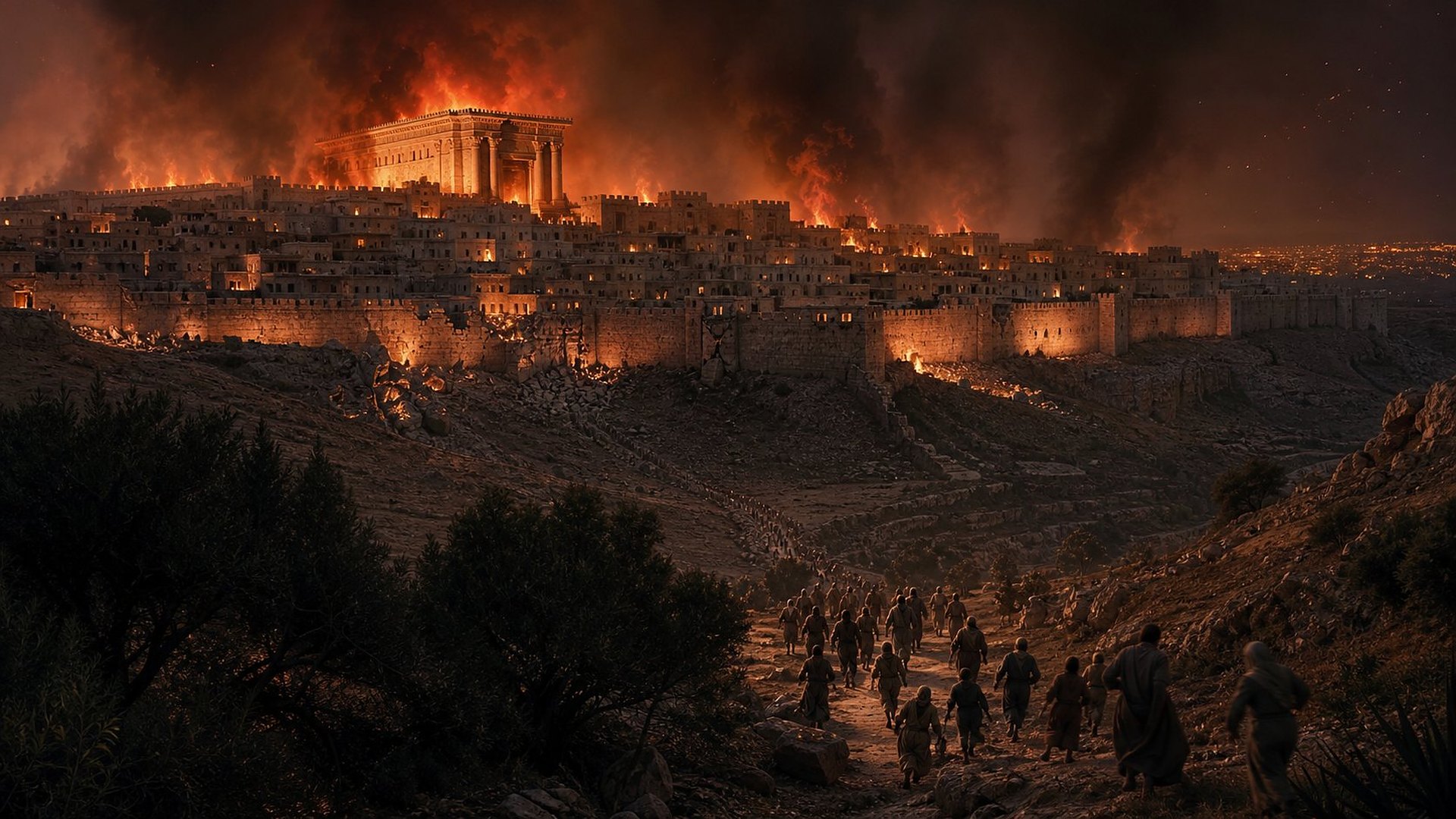 De nuit, une ville fortifiée bâtie sur une colline brûle ; un grand temple de pierre à colonnes est pris dans les flammes au sommet ; une brèche s’ouvre dans la muraille, et une file de fugitifs descend un sentier dans la vallée.