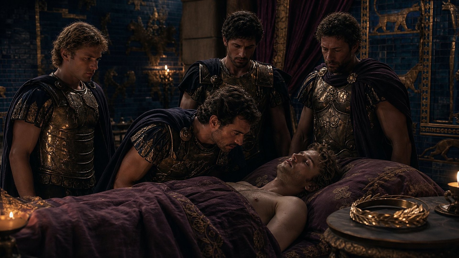 De nuit, dans une chambre de palais aux murs de brique émaillée bleue, un jeune roi pâle aux cheveux bouclés est étendu sur un lit drapé de pourpre ; quatre généraux en cuirasse de bronze et manteau sombre l’entourent en silence, l’un d’eux penché vers lui ; une couronne de laurier dorée repose sur une table.