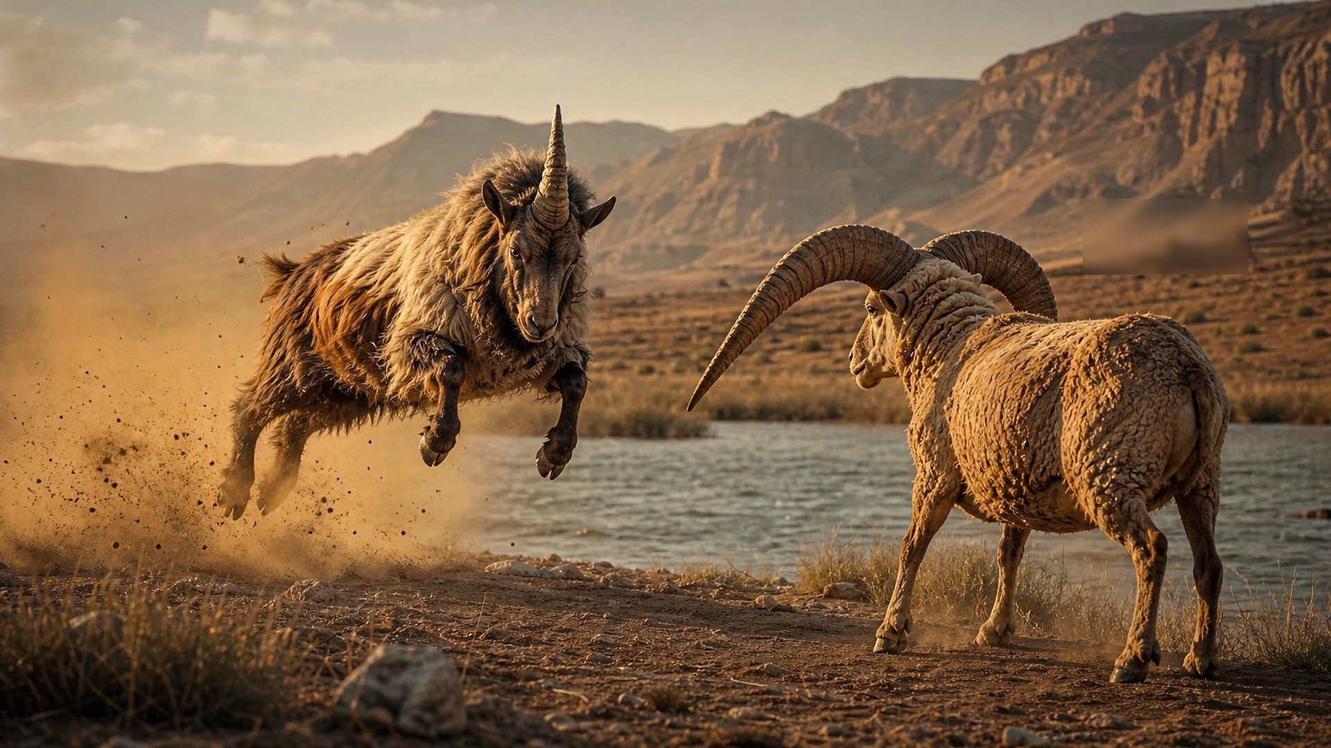 Au soleil couchant, au bord d’un fleuve dans une plaine poussiéreuse cernée de montagnes, un bouc hirsute portant une seule grande corne au milieu du front bondit, les quatre sabots au-dessus du sol, vers un bélier aux deux longues cornes recourbées.