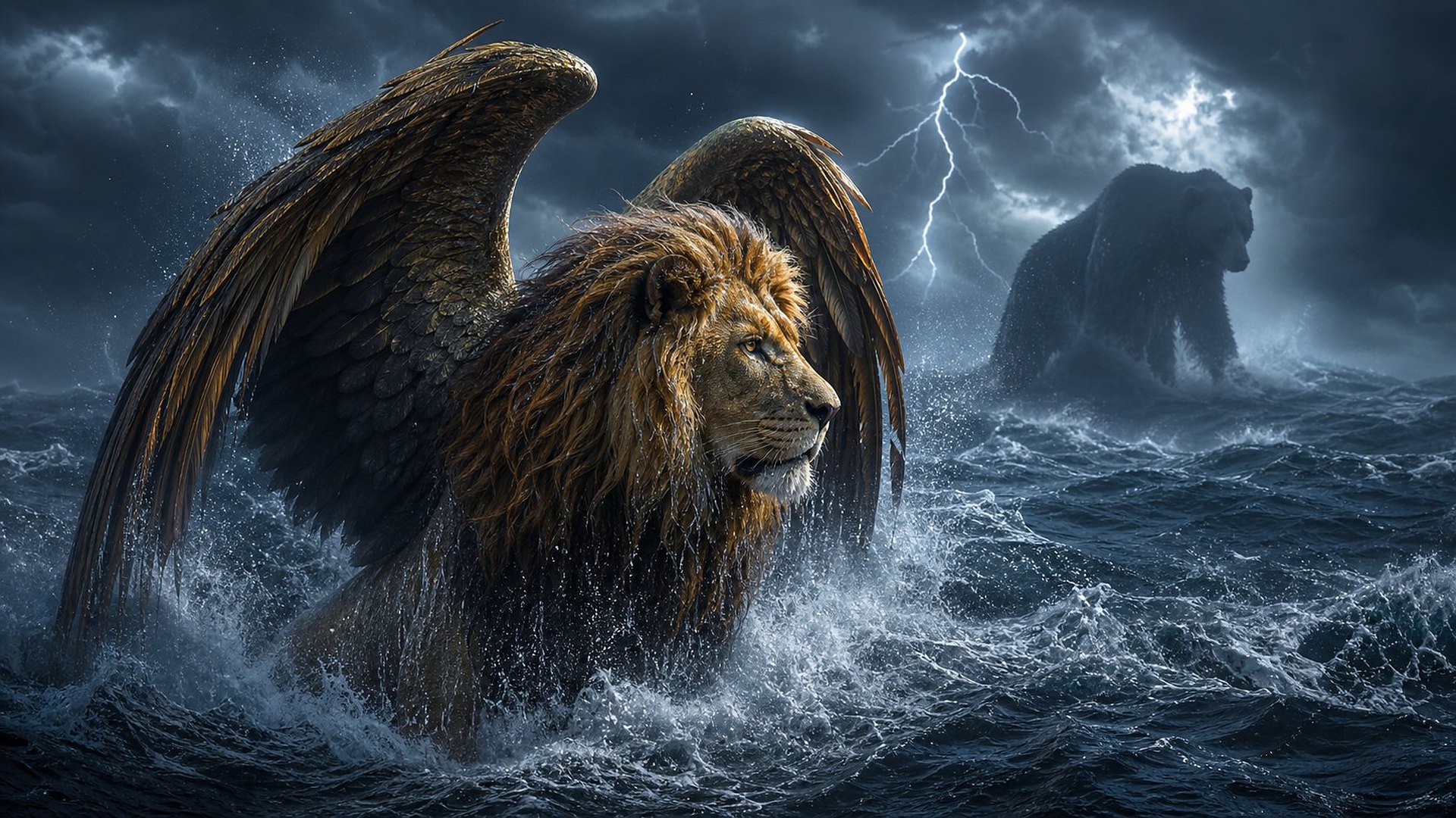 De nuit, sur une mer déchaînée sous un ciel d’orage zébré d’éclairs, un lion colossal à crinière dorée surgit de l’écume, deux grandes ailes d’aigle dressées au-dessus du dos ; au loin, la silhouette sombre d’un ours immense émerge des vagues.