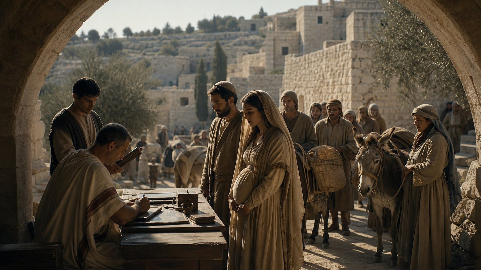 Sous une arche de pierre, un fonctionnaire romain en toge blanche, assis à une table de bois, inscrit des noms sur des tablettes de cire ; devant lui attend une file de familles en robes de laine avec des ânes chargés, dont un jeune couple, la femme enceinte ; au fond, des maisons de calcaire et des oliviers.