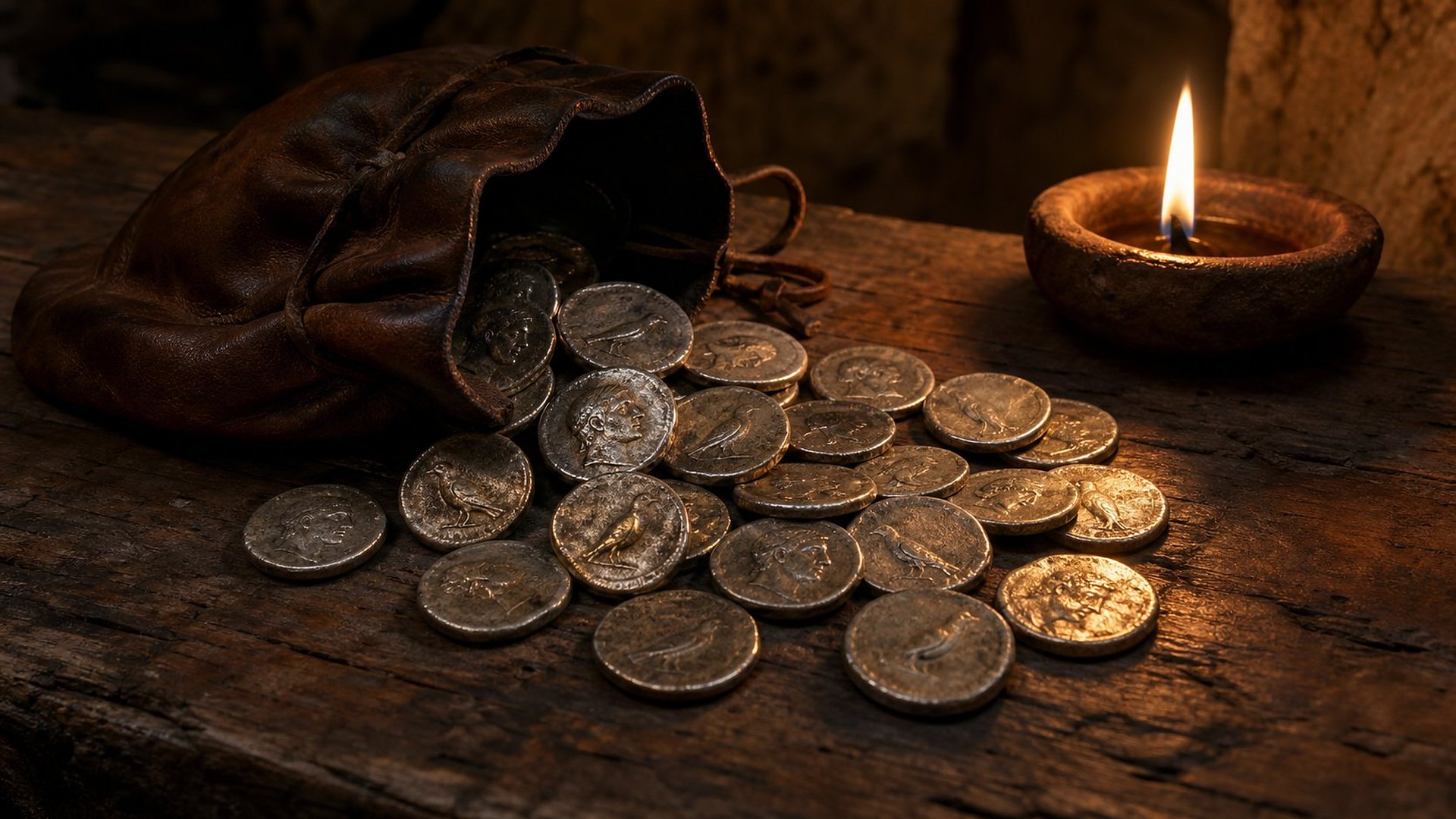 Sur une table de bois sombre, à la lueur d’une petite lampe à huile en terre cuite, une trentaine de pièces d’argent anciennes, épaisses et ternies, frappées de profils et d’oiseaux, s’échappent d’une bourse de cuir usé.