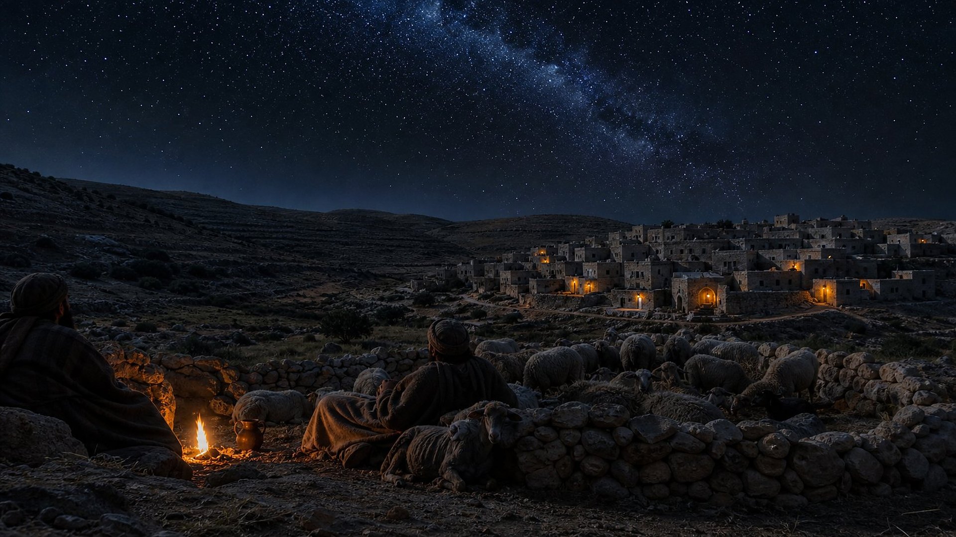 De nuit, sous un ciel étoilé traversé par la Voie lactée, un village de maisons de pierre à toits plats s’étage sur une colline ; quelques portes sont éclairées par des lampes à huile ; au premier plan, des bergers enveloppés de manteaux veillent près d’un petit feu, à côté d’un enclos de pierres sèches où dort leur troupeau.