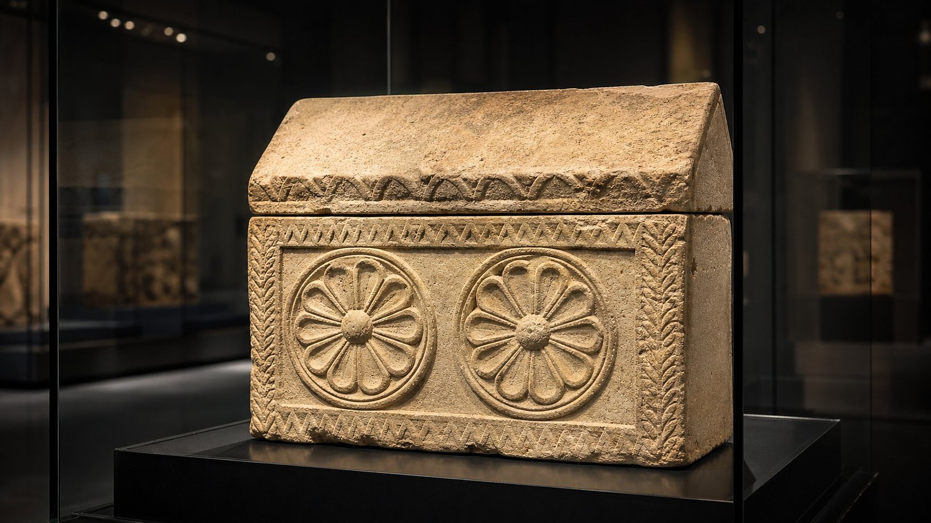 Dans une vitrine de musée plongée dans la pénombre, un coffre funéraire en calcaire à couvercle en bâtière, décoré sur sa face de deux grandes rosaces sculptées encadrées de frises en zigzag et de palmes, est éclairé par un projecteur.
