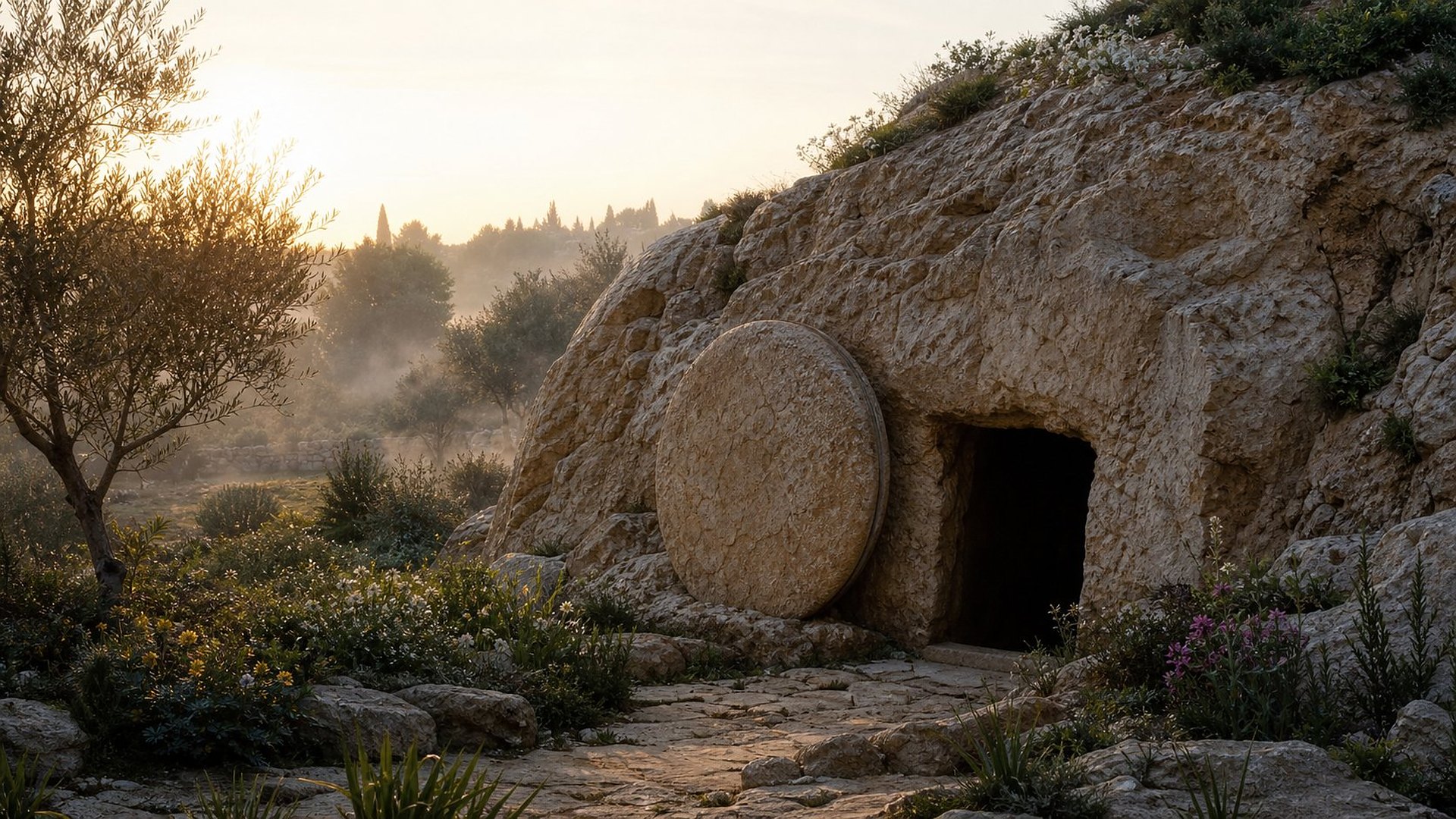 À l’aube, dans un jardin d’oliviers et de fleurs sauvages noyé de brume, une grande pierre ronde, taillée comme une meule, est roulée sur le côté d’une entrée basse et sombre creusée dans une falaise de calcaire clair.