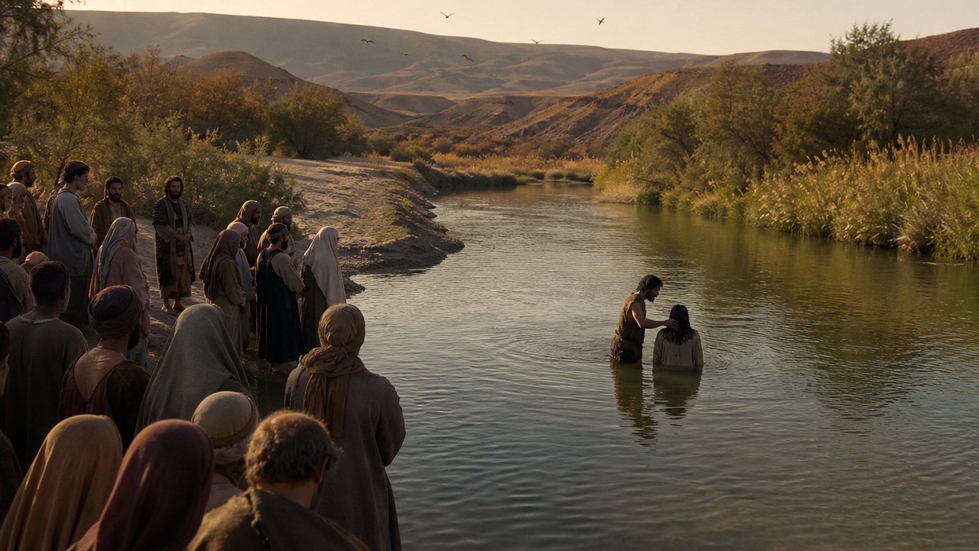 Sur la rive sablonneuse d’un fleuve calme bordé de roseaux et de tamaris, une foule en robes de laine regarde un homme en vêtement grossier qui, dans l’eau jusqu’à la taille, baptise une personne ; au fond, les collines arides du désert de Juda dans la lumière dorée du soir.