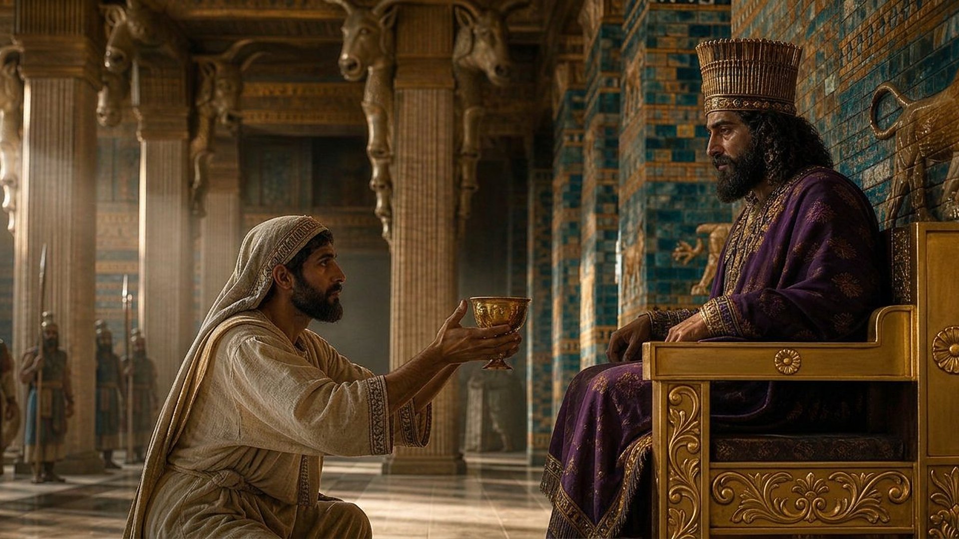 Dans une immense salle à colonnes coiffées de chapiteaux à têtes de taureaux, un homme barbu vêtu de lin, agenouillé, tend une coupe d’or à un roi perse couronné et vêtu de pourpre, assis sur un trône doré ; des briques émaillées bleues et or ornées de lions couvrent les murs ; au loin, des gardes tiennent leurs lances droites.