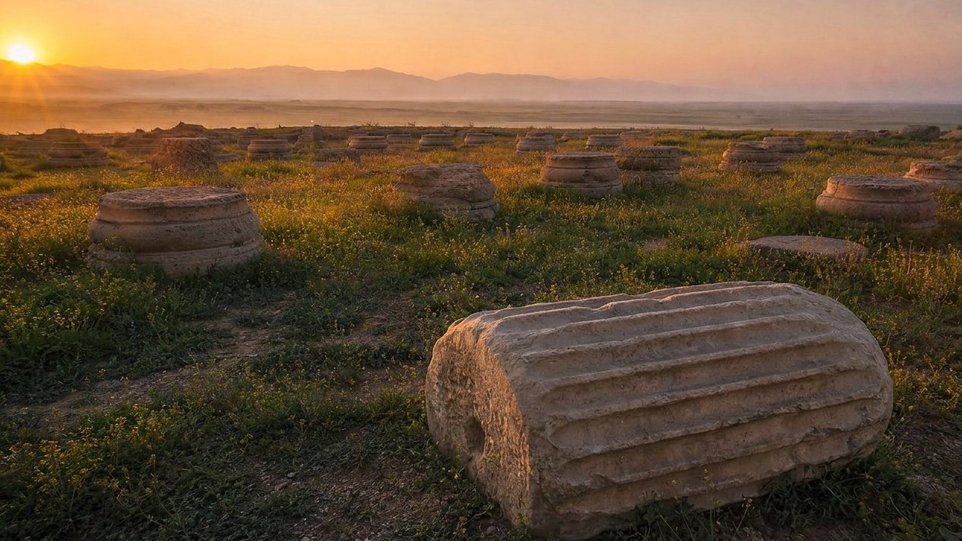 Au lever du soleil, un plateau herbeux semé de fleurs jaunes est parsemé de dizaines de bases de colonnes en pierre, rondes et moulurées ; au premier plan, un tambour de colonne cannelée gît sur le flanc ; au loin, une plaine brumeuse et des montagnes.