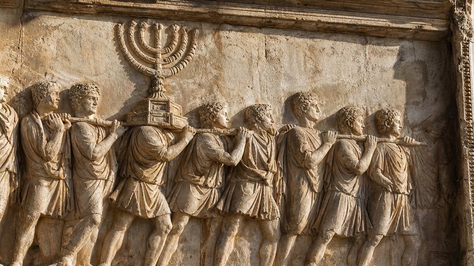 Un bas-relief de marbre usé, éclairé par un soleil rasant : des hommes en tunique, couronnés de laurier, avancent en procession en portant sur leurs épaules, à l’aide de brancards, un grand chandelier à sept branches posé sur un socle.