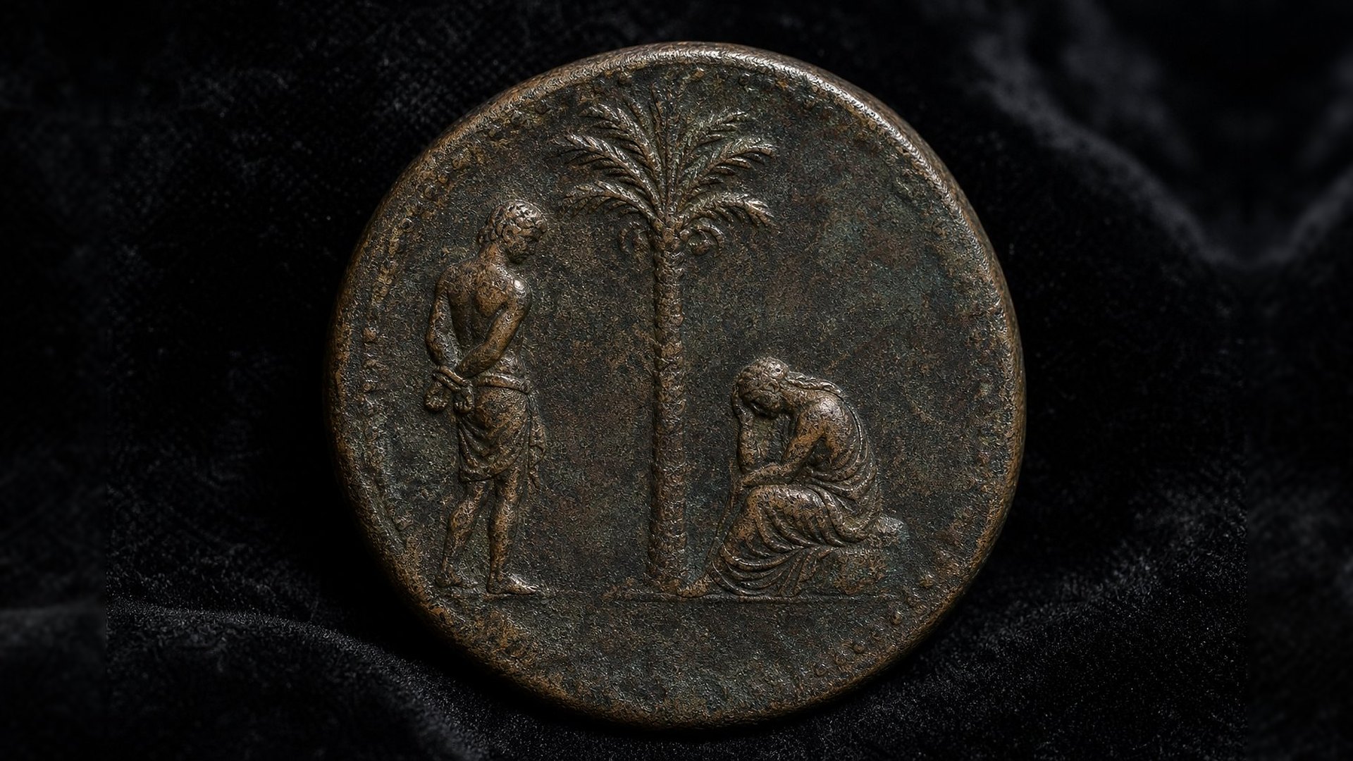 Gros plan d’une pièce antique en bronze à patine brune posée sur du velours noir : au centre, un palmier ; à gauche, un homme debout, les mains liées derrière le dos ; à droite, une femme assise sur un rocher, la tête baissée dans la main ; la légende du pourtour est usée et illisible.