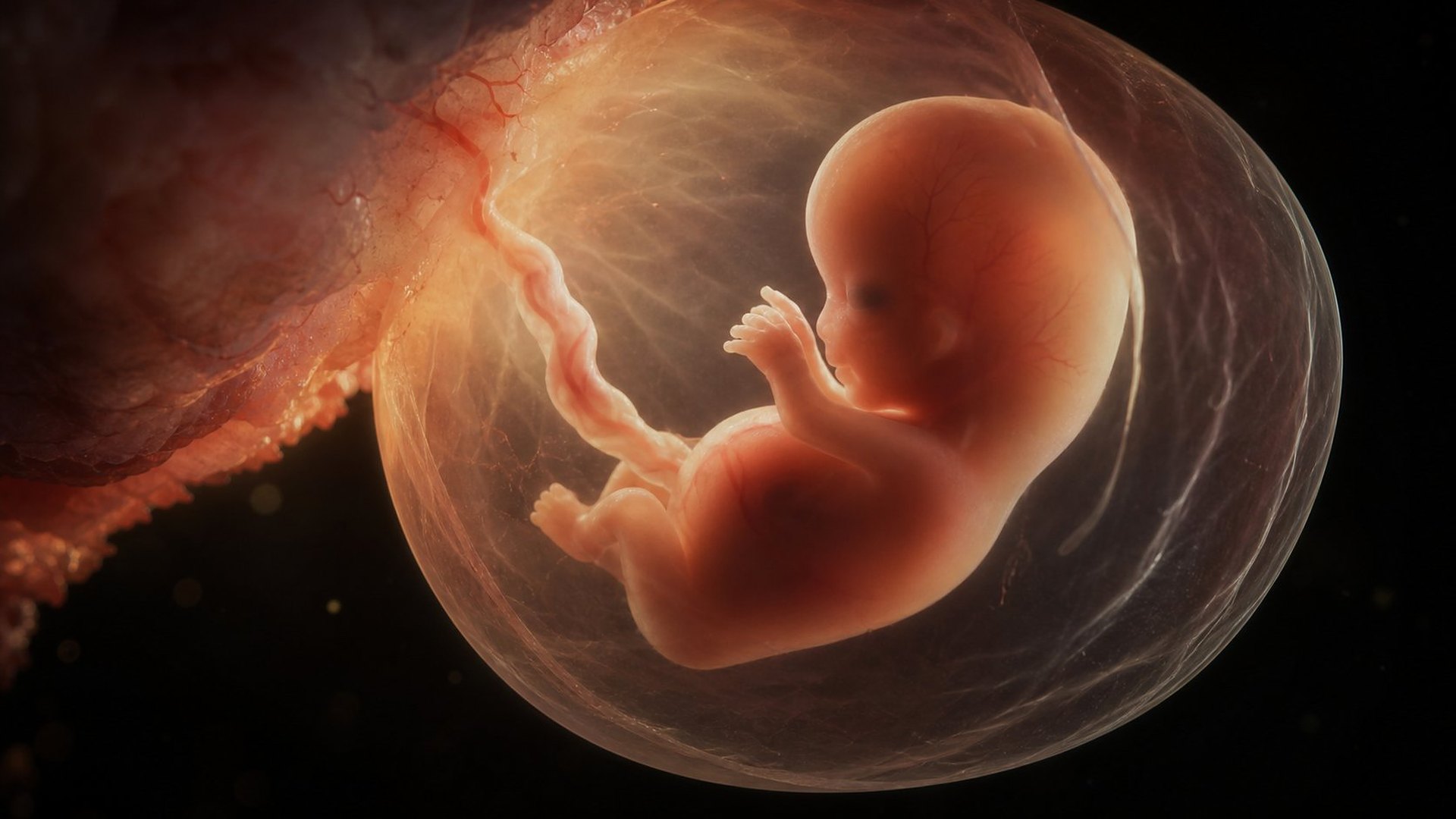 Visualisation scientifique : un enfant à naître du premier trimestre flotte paisiblement dans la poche amniotique translucide, relié par le cordon ombilical ; ses petites mains et ses pieds sont déjà formés ; une lumière ambrée et rosée traverse la membrane sur un fond sombre.