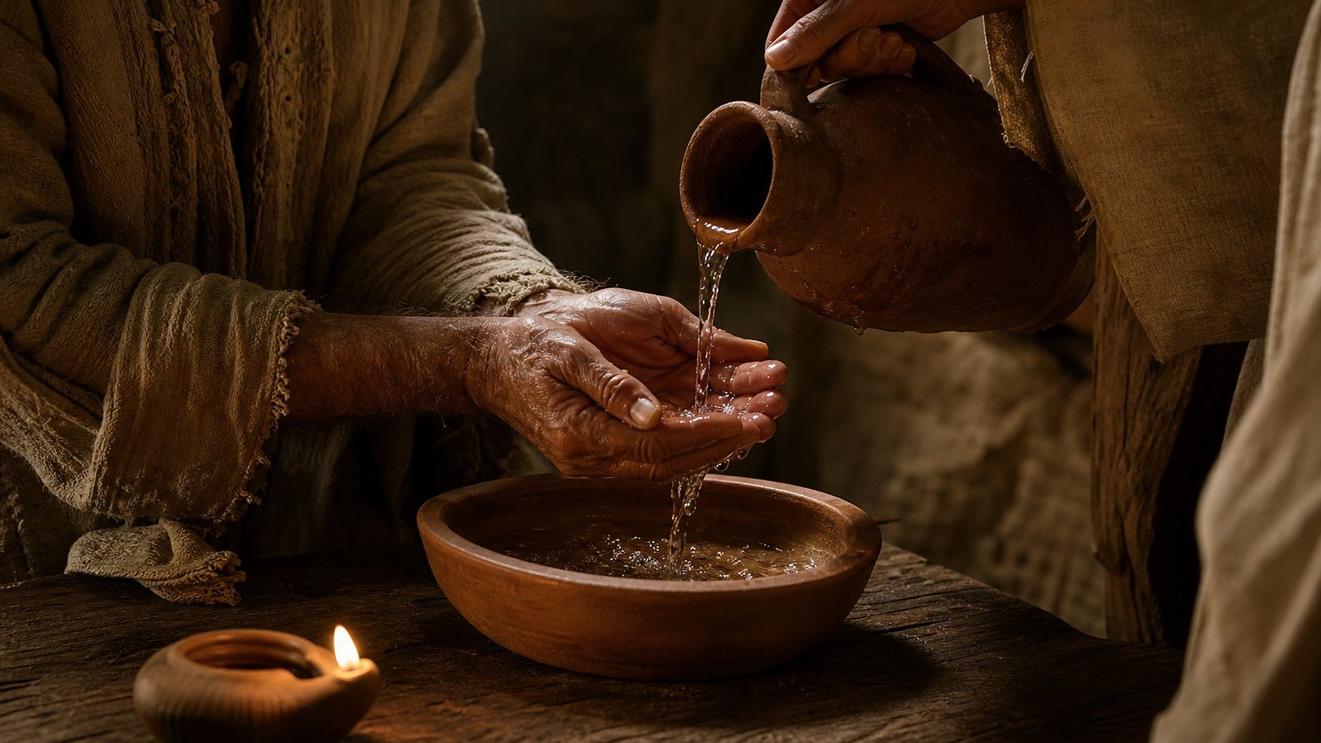 À la lueur d’une petite lampe à huile en terre cuite, une femme verse de l’eau claire d’une cruche sur les mains ridées d’un vieil homme, au-dessus d’une bassine d’argile posée sur une table de bois ; les gouttes scintillent dans la lumière chaude.