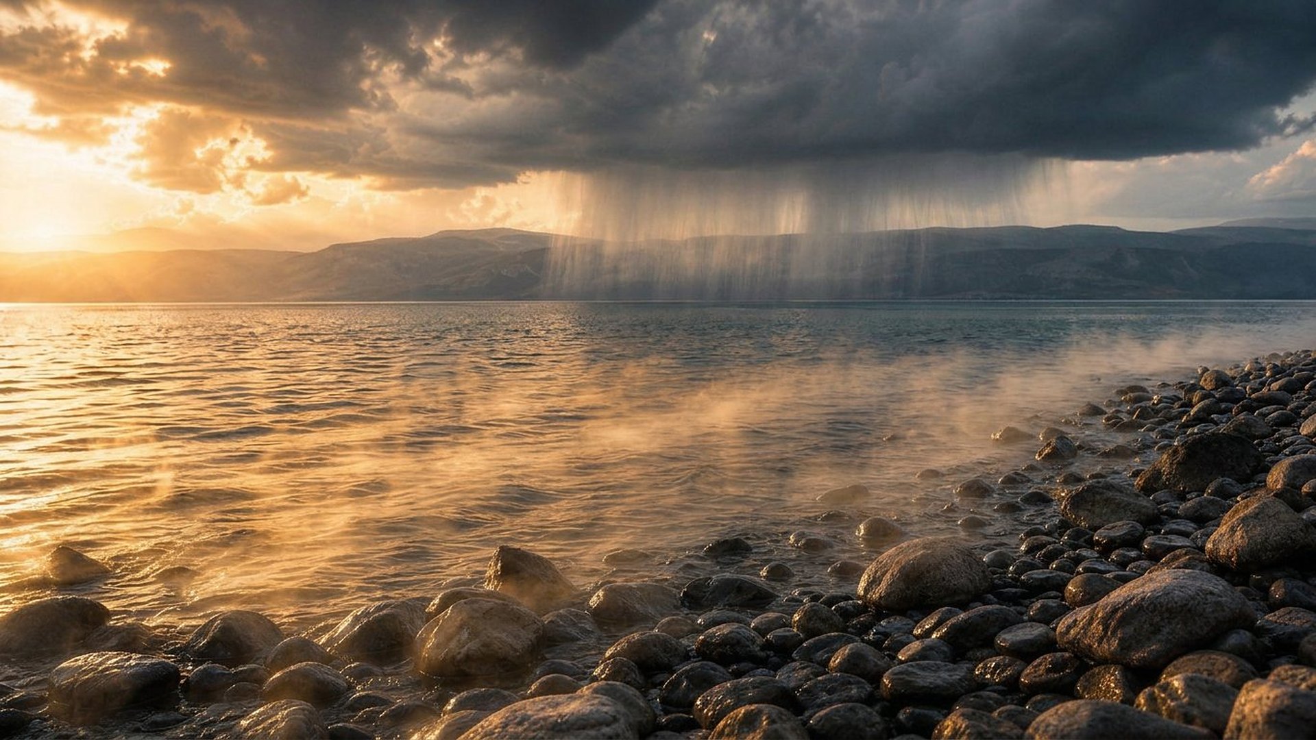 Sur le lac de Tibériade, en fin d’après-midi, un nuage d’orage sombre laisse tomber un rideau de pluie sur les collines lointaines, tandis qu’au premier plan une brume légère s’élève de l’eau calme, éclairée par un soleil doré ; le rivage est couvert de galets de basalte.