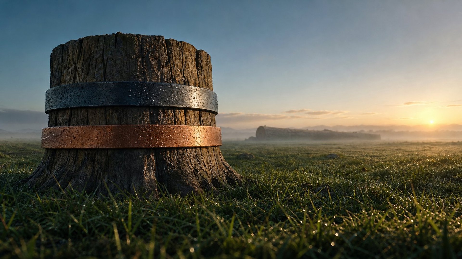 À l’aube, dans une vaste plaine brumeuse, la souche massive d’un arbre gigantesque reste enracinée dans l’herbe couverte de rosée ; deux larges bandes de métal, l’une de fer sombre, l’autre de cuivre rougeoyant, l’enserrent ; au loin, le tronc abattu gît dans le brouillard.