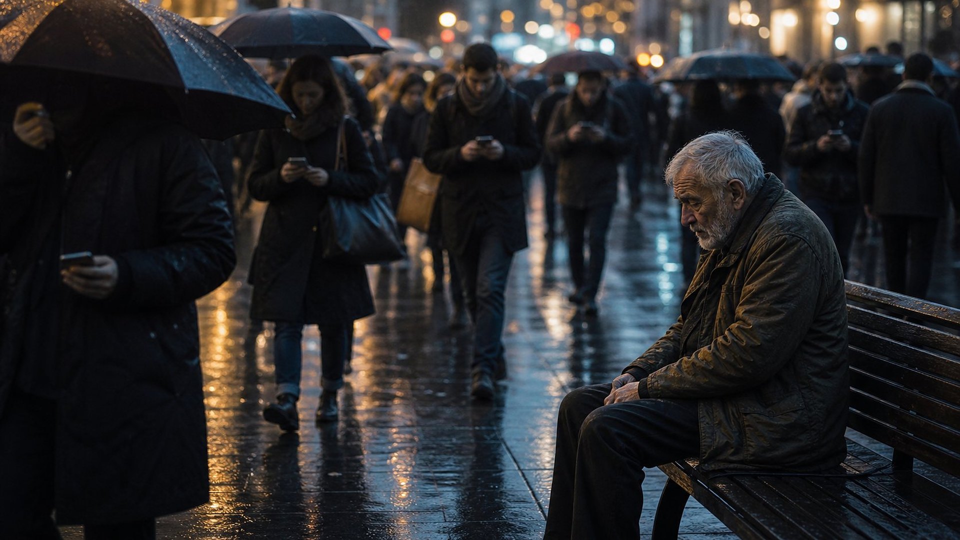 Le soir, sous la pluie, sur un trottoir bondé d’une grande ville, des passants pressés sous des parapluies sombres fixent l’écran de leur téléphone ; au premier plan, un vieil homme est assis seul sur un banc, ignoré de tous.