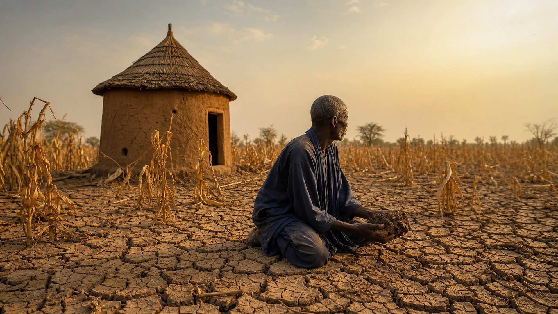 Au soleil couchant, dans un champ desséché du Sahel à la terre profondément craquelée, un vieil agriculteur en tunique indigo, à genoux, tient une poignée de terre sèche ; derrière lui, des pieds de maïs flétris et un grenier de terre au toit de paille conique.