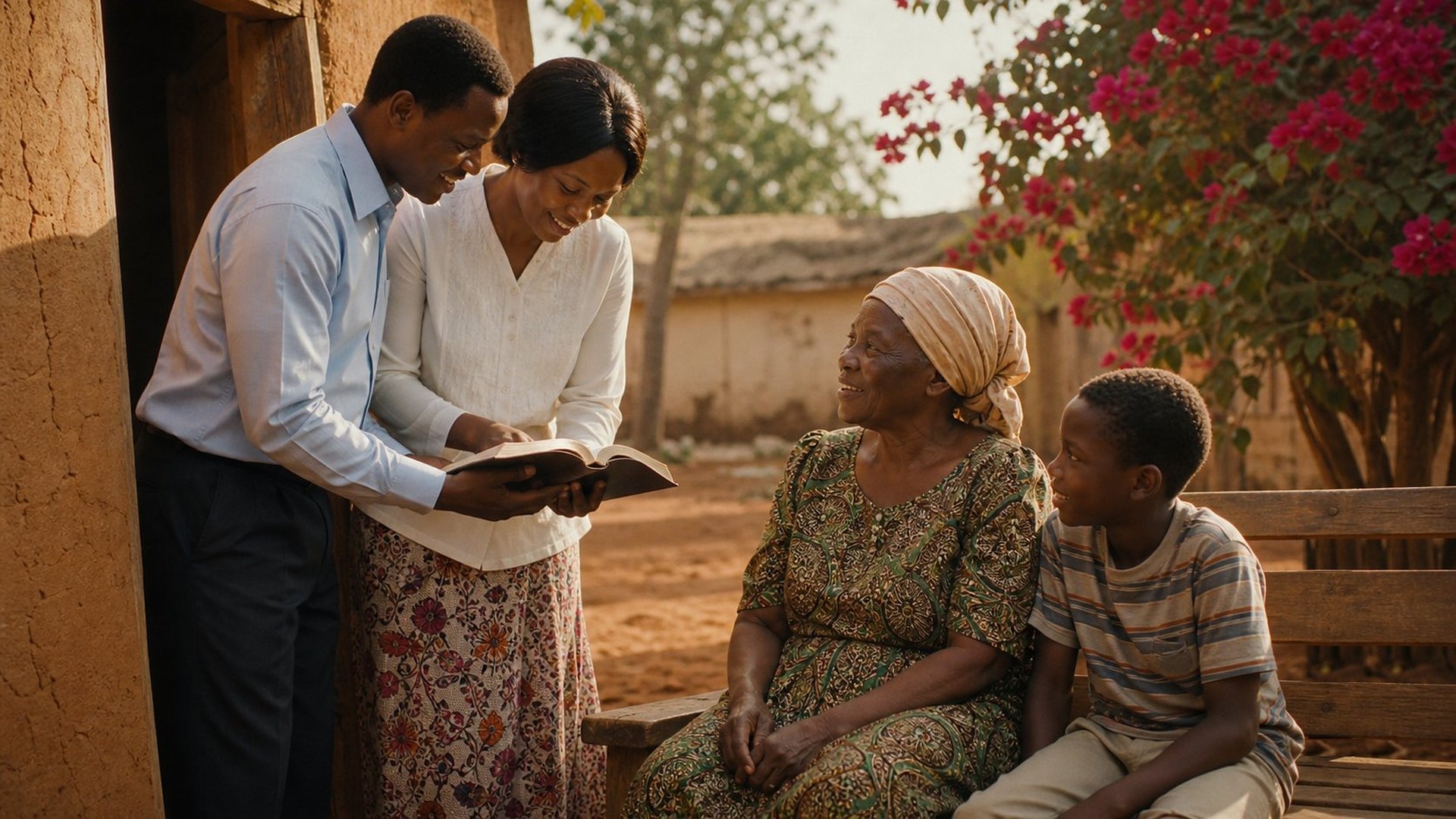 Devant une maison aux murs ocre, dans un village d’Afrique de l’Ouest, un homme et une femme souriants montrent une Bible ouverte à une grand-mère et à son petit-fils assis sur un banc de bois, sous des bougainvilliers en fleurs.