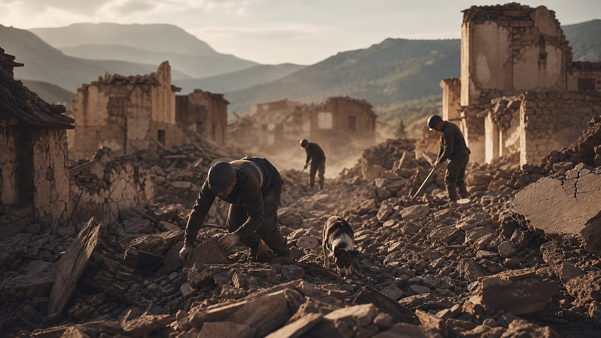 Le matin après un séisme, dans un village de maisons de pierre et de terre effondrées, sous une poussière dorée, des sauveteurs fouillent les décombres avec précaution, accompagnés d’un chien ; des montagnes au loin.