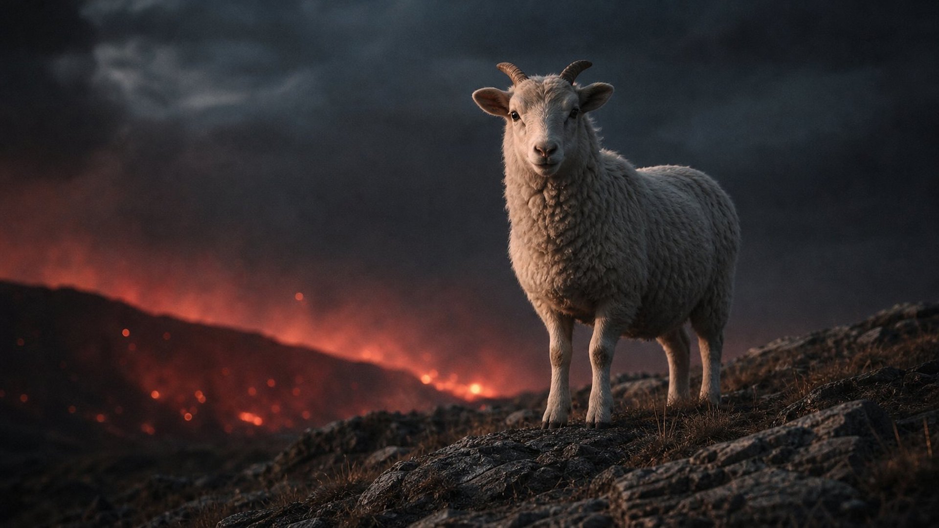 Au crépuscule, sur une colline rocheuse, un jeune bélier blanc aux deux petites cornes recourbées regarde paisiblement l’objectif ; derrière lui, sous un ciel d’orage, une lueur rouge et des braises montent de la vallée.