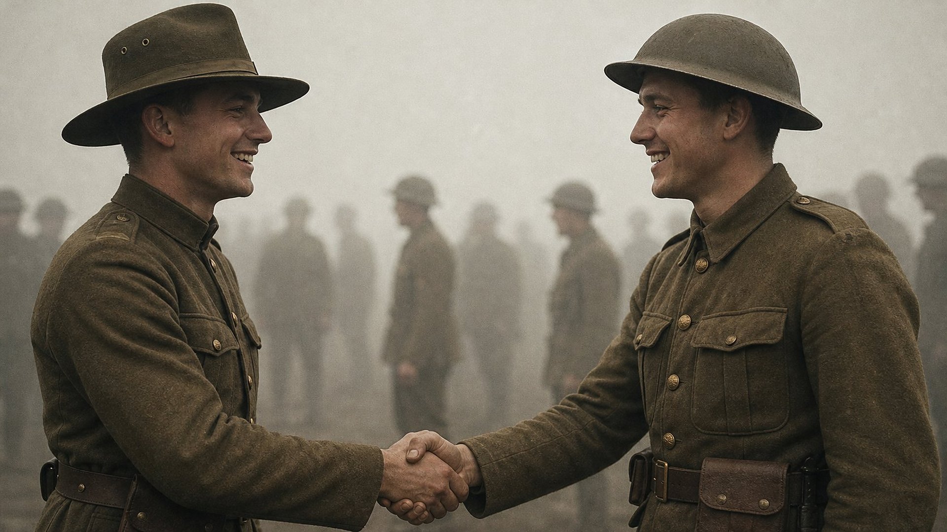Dans le brouillard du matin, un soldat américain coiffé d’un chapeau de campagne à larges bords et un soldat britannique coiffé d’un casque plat en acier se serrent la main en souriant ; derrière eux, des silhouettes de soldats se perdent dans la brume.