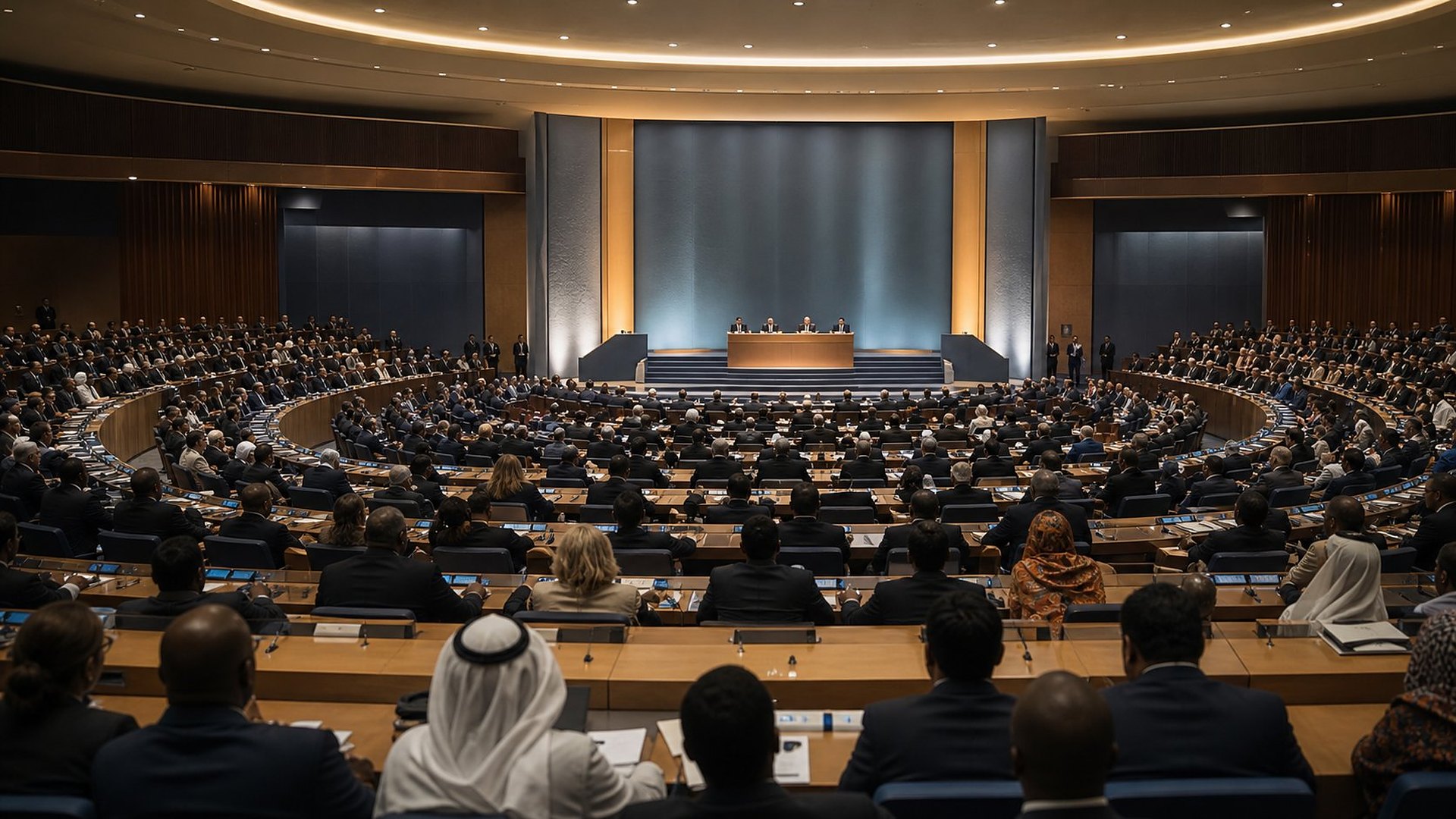 Vue depuis les derniers rangs d’une vaste salle d’assemblée moderne : des centaines de délégués de nombreuses nations, en costume ou en tenue traditionnelle, assis à des pupitres courbes munis de micros, font face à une haute tribune sous un plafond en dôme éclairé de spots.