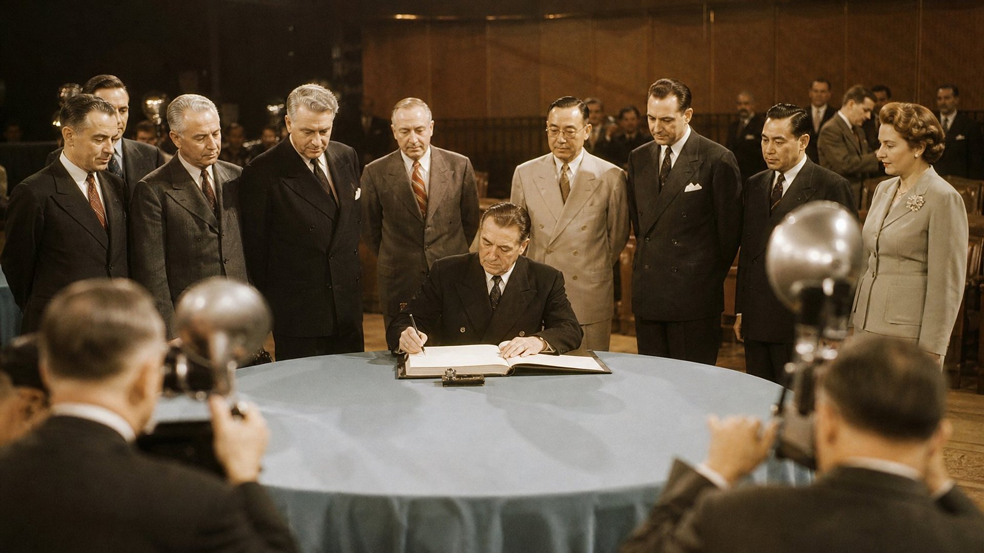 Dans un grand auditorium, un délégué en costume croisé sombre signe un grand livre ouvert, assis à une table ronde nappée de bleu pâle ; des délégués debout l’observent, tandis que des photographes munis d’appareils à flash des années 1940 se tiennent au premier plan.