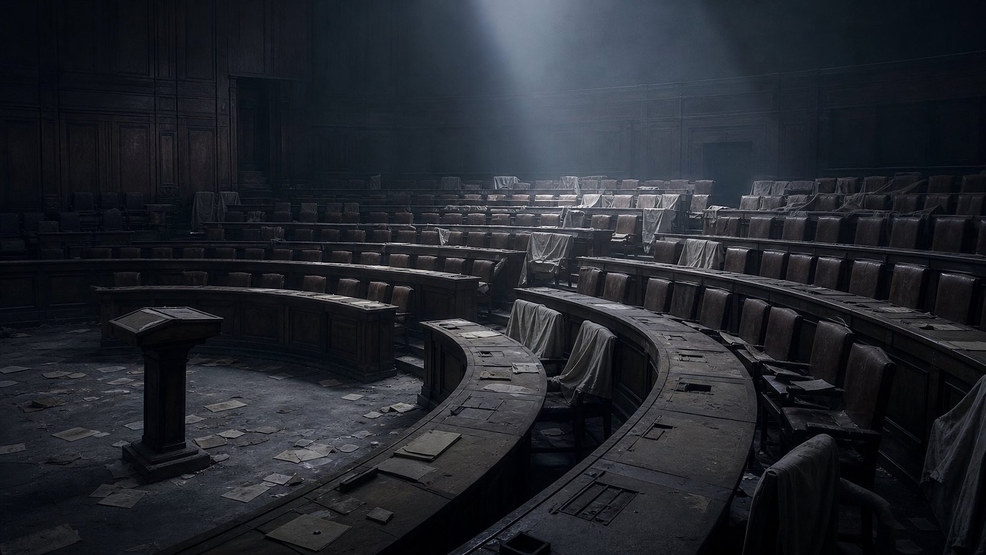 Une vaste salle d’assemblée lambrissée, désertée : de longues rangées courbes de pupitres et de fauteuils vides, certains couverts de housses blanches, des papiers jaunis épars sur le sol, une tribune abandonnée, et un rai de lumière froide tombant d’en haut.