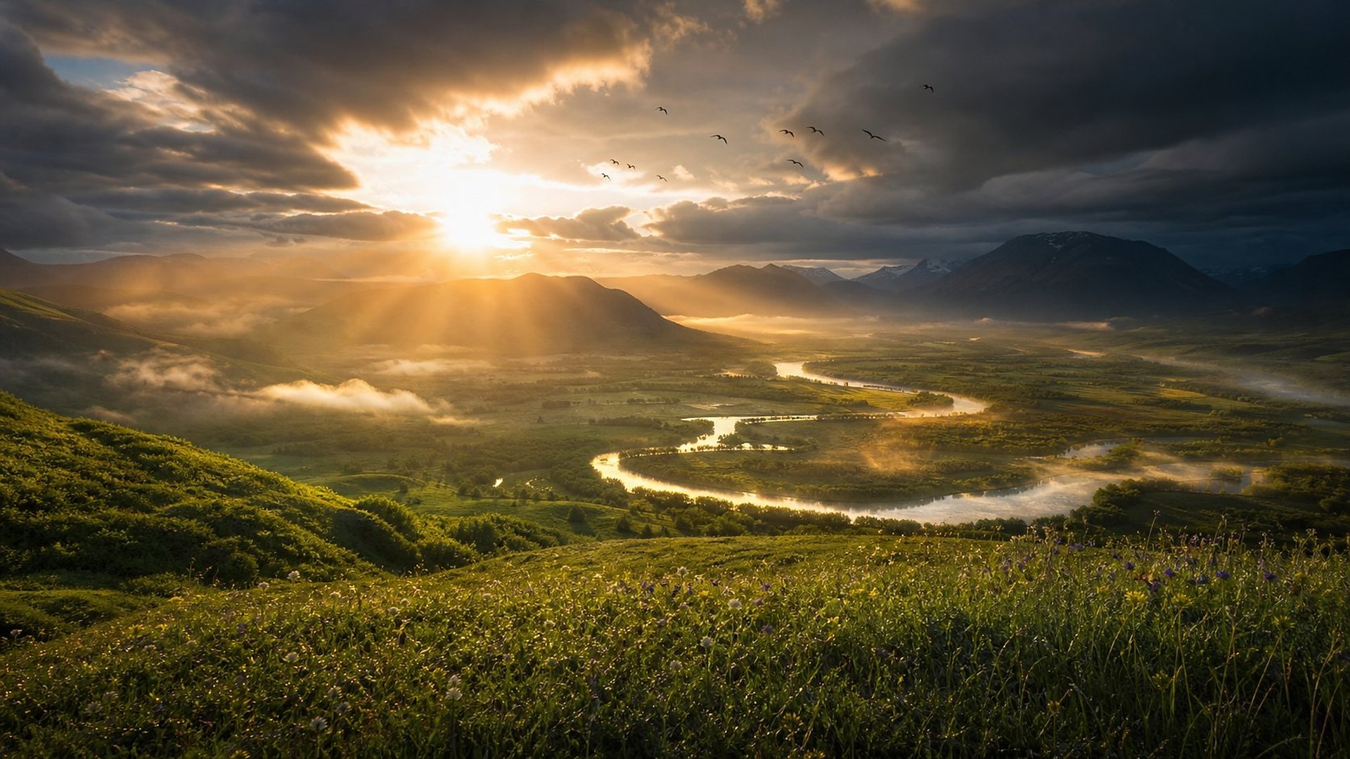 Premier lever de soleil après l’orage sur une vaste vallée verdoyante : les derniers nuages sombres se déchirent, des rayons dorés inondent les prairies humides, la brume monte d’une rivière sinueuse et des oiseaux prennent leur envol.