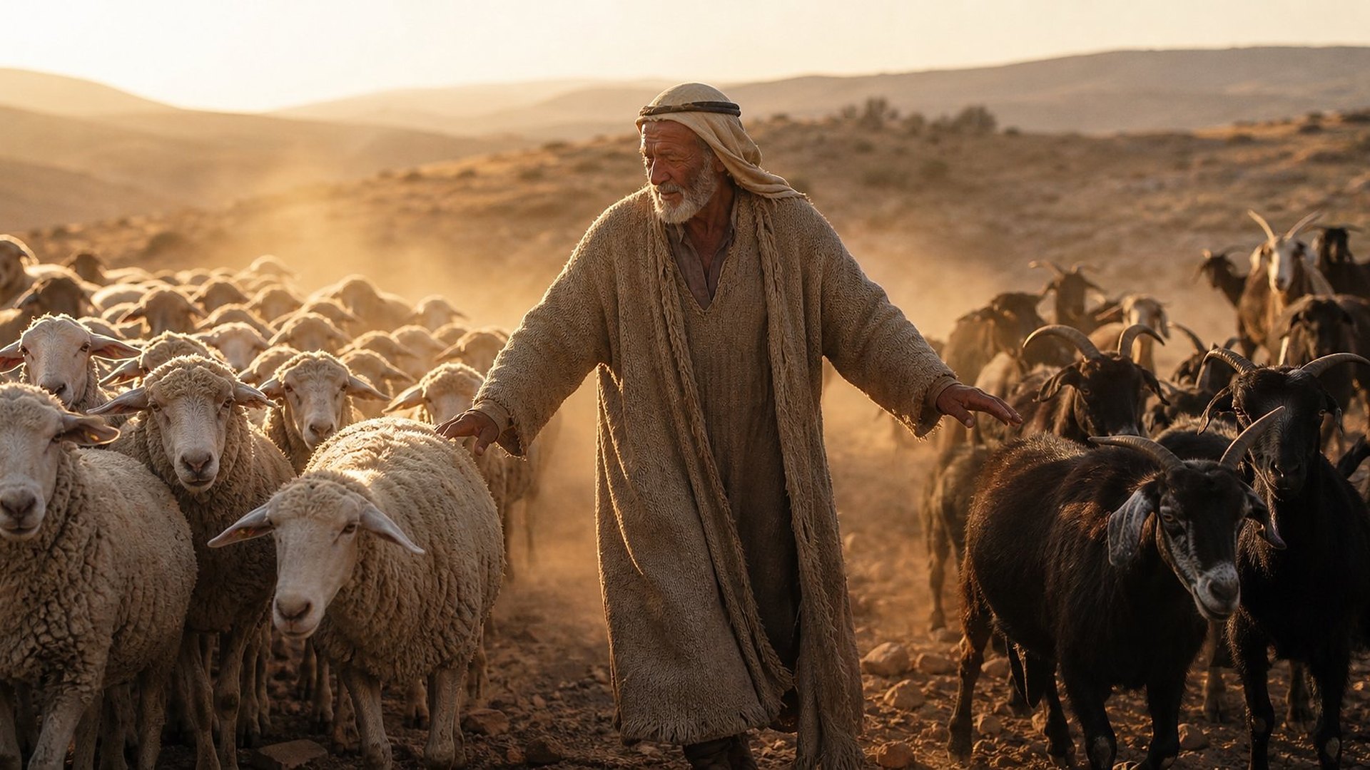 Sur des collines pierreuses dorées par le soir, un vieux berger en robe de laine et coiffe de tissu, les bras écartés, sépare son troupeau : les brebis blanches passent à sa droite, les chèvres noires à sa gauche, dans une poussière lumineuse.