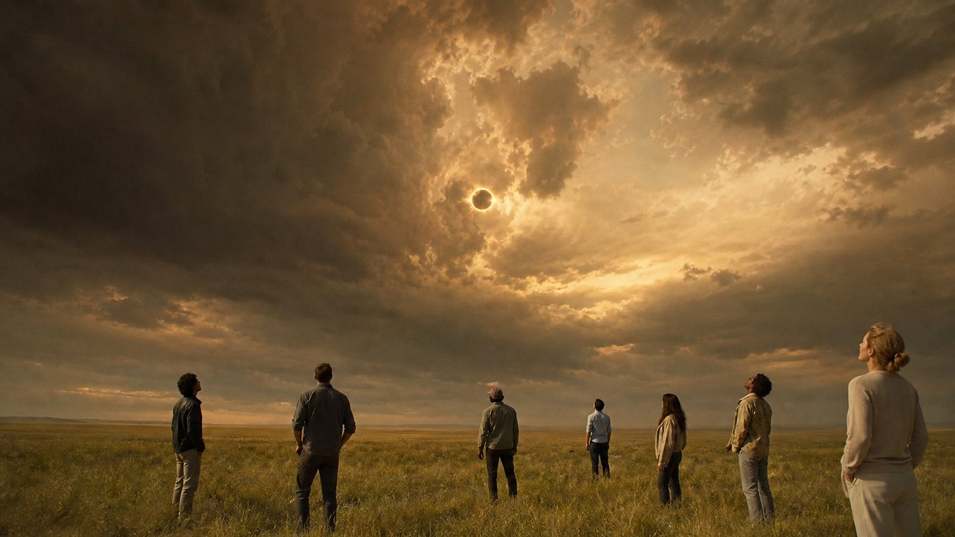 Dans une vaste plaine herbeuse, une dizaine de personnes, vues de dos, lèvent les yeux vers un ciel extraordinaire : le soleil, presque entièrement obscurci, n’est plus qu’un disque sombre cerné de lumière au milieu d’énormes nuages couleur de bronze.