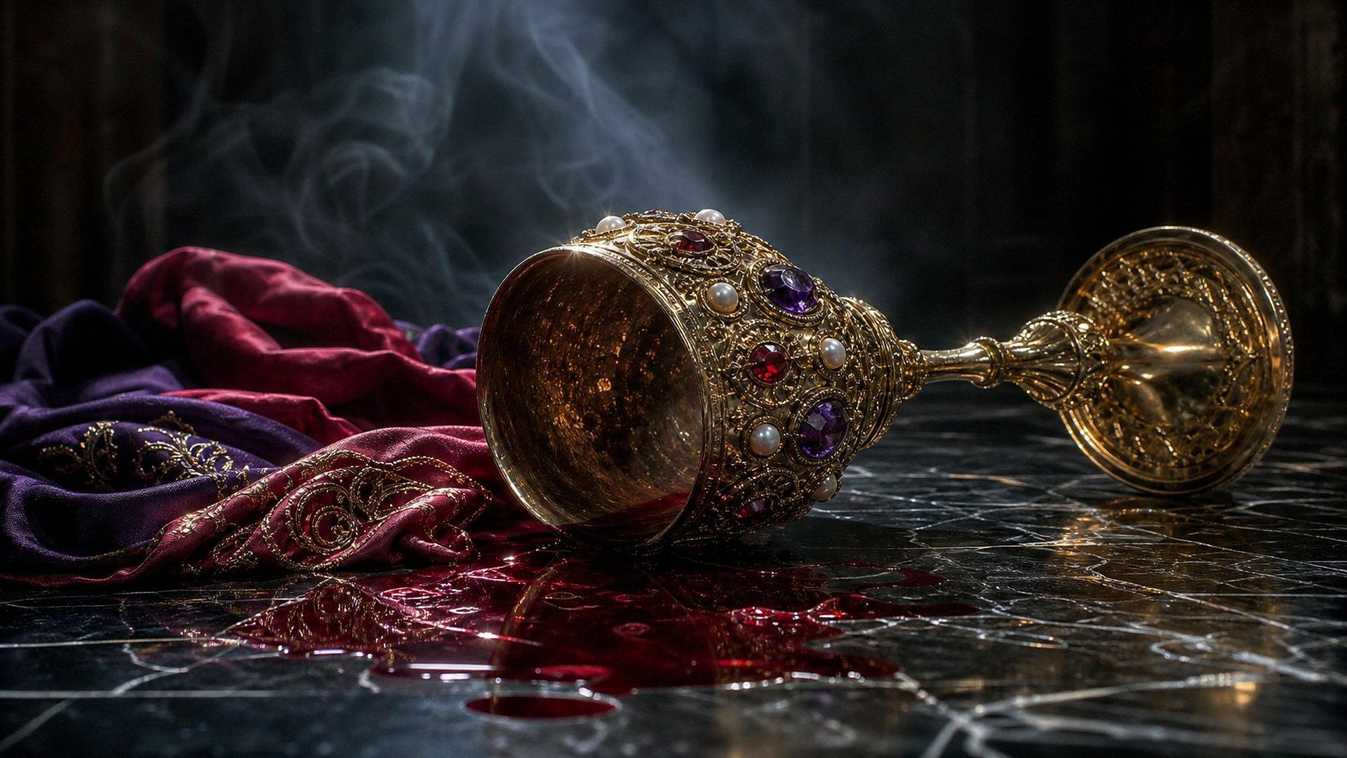 Sur un sol de marbre noir veiné, une coupe d’or ciselée, sertie de perles et de pierres violettes et rouges, gît renversée ; du vin rouge sombre s’en est répandu en flaque luisante, près d’une étoffe de soie pourpre et écarlate froissée, dans une fumée légère.