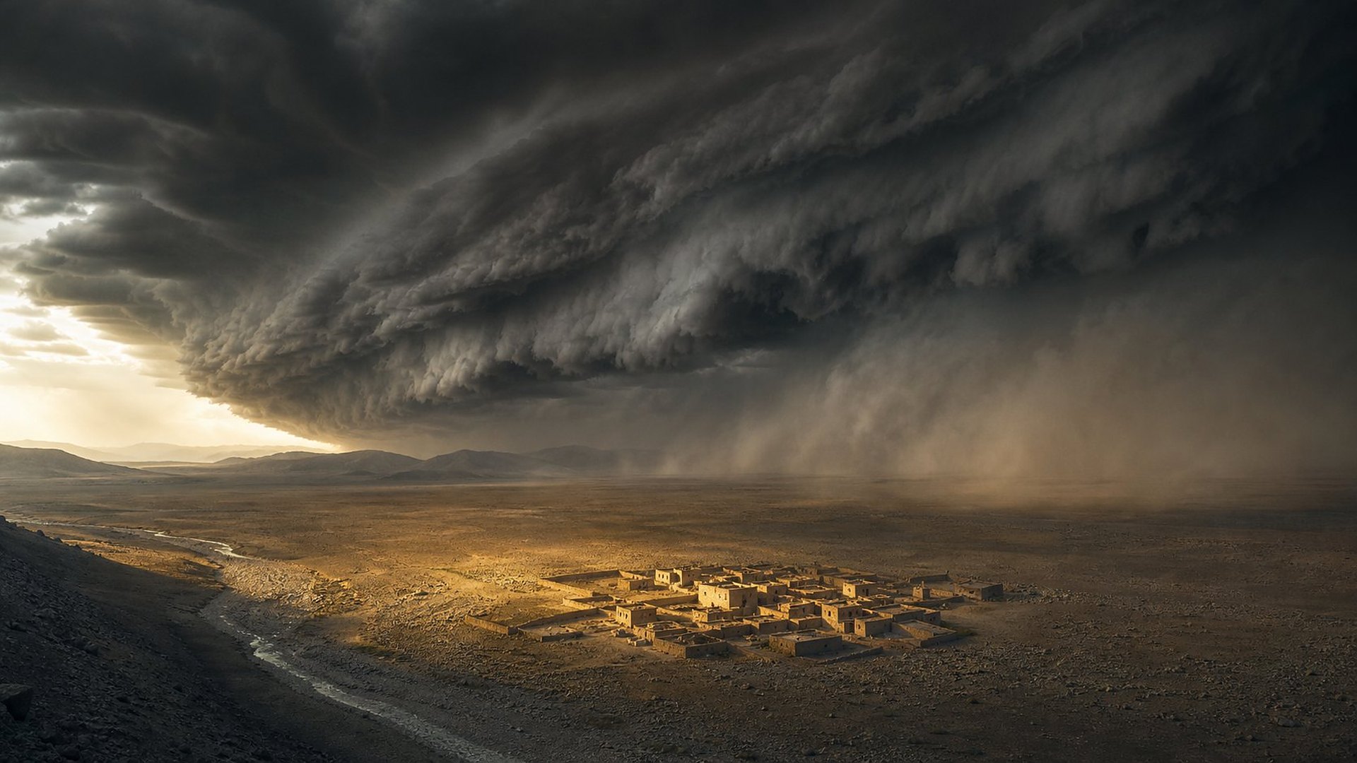 Vue d’une hauteur, une muraille de nuages d’orage noirs et tourbillonnants avance sur une immense plaine aride en soulevant un rideau de poussière, vers un petit village de maisons de pierre à toits plats encore éclairé par une dernière trouée de soleil.